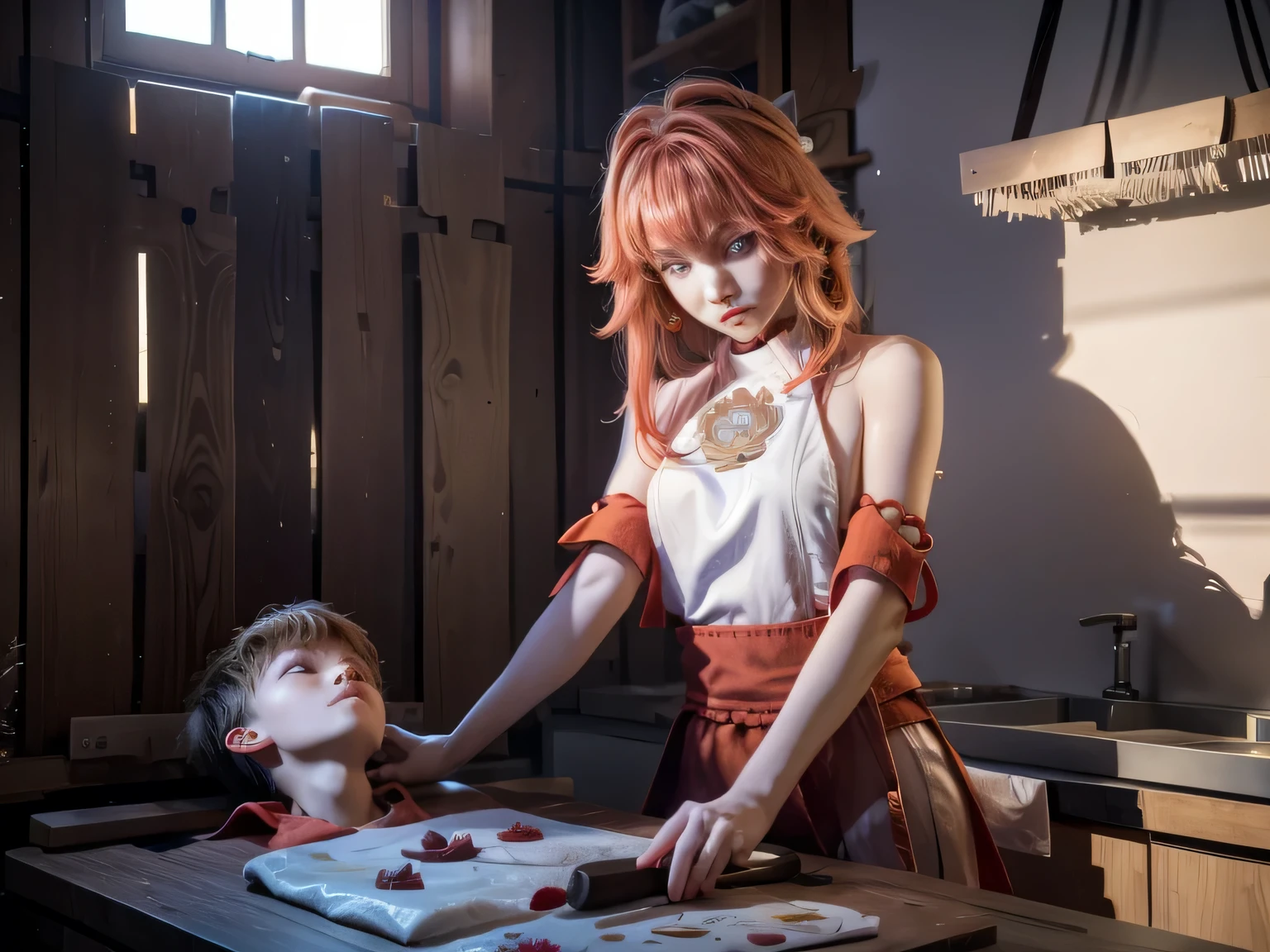Yae miko cutting down a poor boy's head, Hd, high resolution, smooth resolution, 1girl, 1boy, Beautiful 20 years old girl with( red wristwatch ), beautiful young yae miko, yae miko tørtúréd a poor boy, make a scene: yae miko is beheadiñg a poor boy, she is chopping the boy's head, ((holding a knife)) ((holding the poor boy's head)) poor boy laying down position on a chopping board, yae miko standing position ((yae miko holding the knife)) ((chopping a real kid on a chopping board)),
