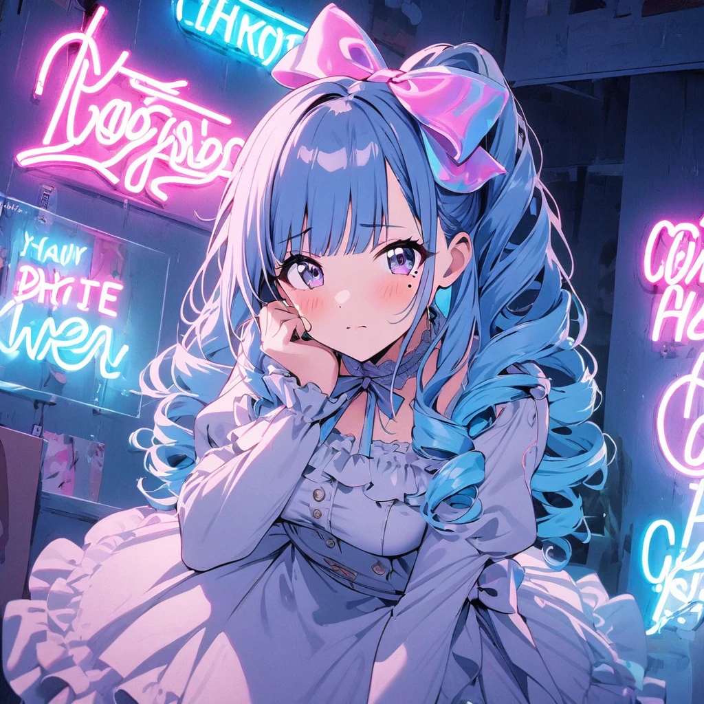 Neon Sign, PENeonSign, neon sign, glowing, colorful, 1girl, Neon Sign, bangs, blue hair, blunt bangs, blush, bow, breasts, closed mouth, commentary request, dress, drill hair, hair bow, hand on own face, highres, idolmaster, idolmaster shiny colors, juliet sleeves, long hair, long sleeves, looking at viewer, medium breasts, mole, mole under eye,