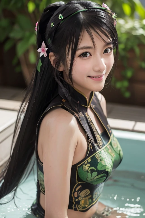 Guan Yinping, Black发, brown eyes, hair accessories, hair flower, Half body, Black, 上Half body,pretty face,Lovely,high school student,Smile,bath,Wash your hair,Wet body,bathroom,Flushing,Wear underwear