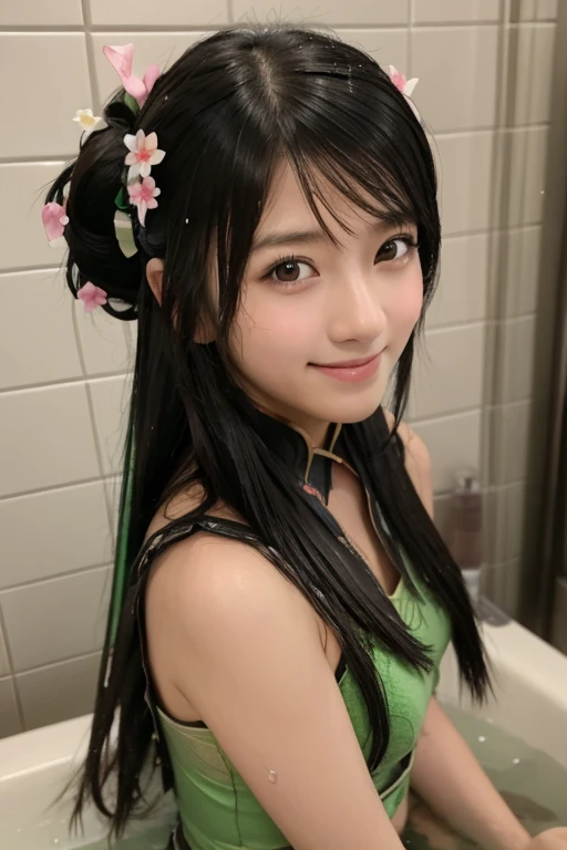 Guan Yinping, Black发, brown eyes, hair accessories, hair flower, Half body, Black, 上Half body，pretty face，Lovely，high school student，Smile，bath，Wash your hair，Wet body，bathroom，Flushing，Wear underwear