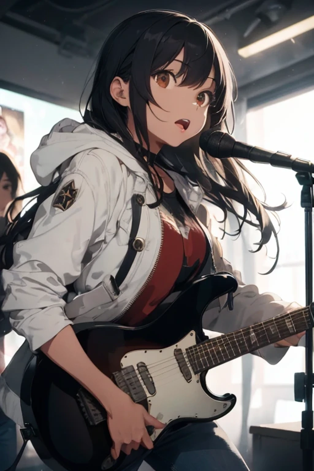 ((best quality)),((masterpiece)),(detailed),perfect face,girl in a club room. She is wearing white shoes,half-length tight denim jeans,and a hooded coat. The girl,with long black hair,is standing and playing an electric guitar passionately while singing into a microphone. The room suggests a casual,creative space,possibly with posters or instruments in the background. The focus is on her expressive performance,capturing the movement of her hair,the texture of her clothes,and the emotion in her posture as if taken with an advanced Canon camera.,