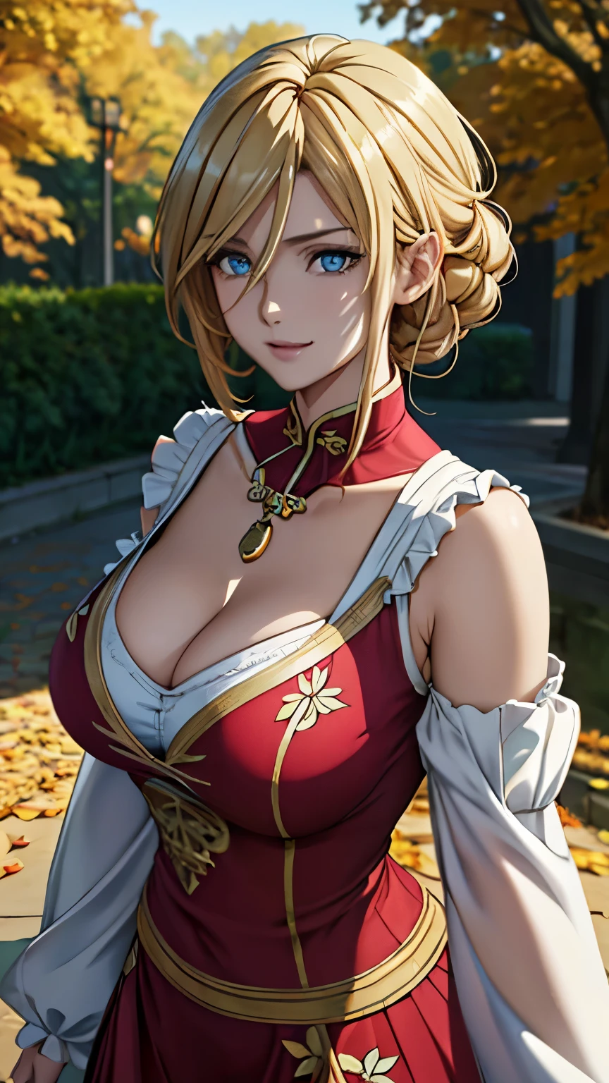 blue eyes, (highest quality, masterpiece painting:1.3), mature woman, 20 years old, (half body shot), masterpiece, ultra high resolution, (Photoreal:1.0), gold hair, beautiful shining hair, white and shining skin, ((Ultra realistic details)), octane rendering, highly detailed face, (big breasts:0.8),(sexy and cute cheongsam,red and white contrast outfit,delicate decoration:1.2), open neckline, (necklace:1.0),cleavage, perfect body, soft skin, anime face, perfect face, perfect eyes, looking at the viewer, smart, Under autumn leaves tree background, Autumn leaf petals are falling, outdoors,shrine, sharp focus, intricate details, professional artwork, (bright colors:1.1), bright colors, diffused lighting, digital blending, ultra-definition body, ultra detail hair, super detailed face, that&#39;It&#39;s trending on pixiv, top button open, Cute gaze, compensate, perfect lips, perfect compensate, Ultra-precision coating, (light_smile:1.0), (Very embarrassed:0.8),