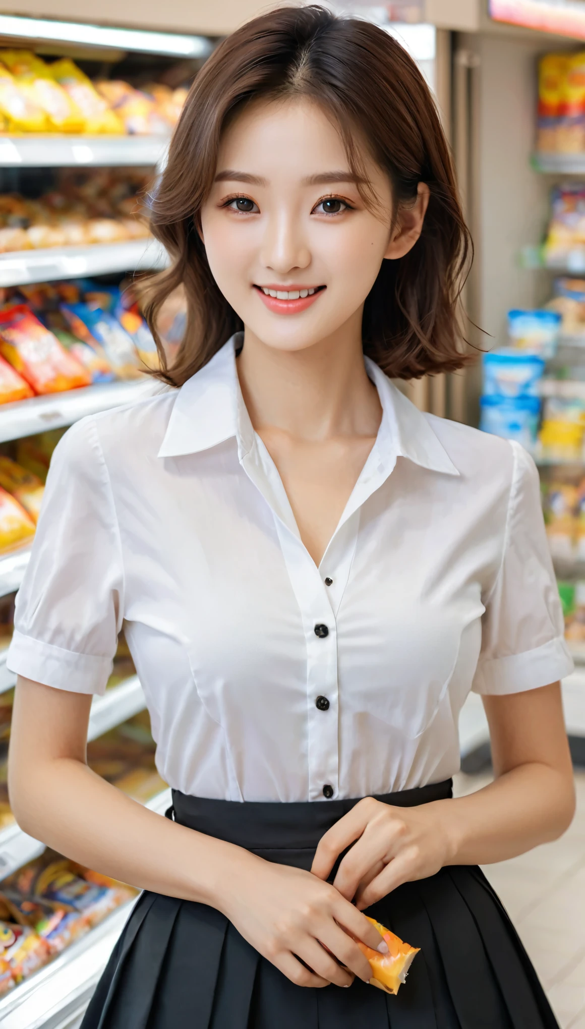 Aerial view of a beautiful Korean girl, Chest size 36 inches, medium hair, smile a little, Wear a white short-sleeved shirt., Black skirt with buttons, Carrying snacks in the cafeteria, in a convenience store, UHD