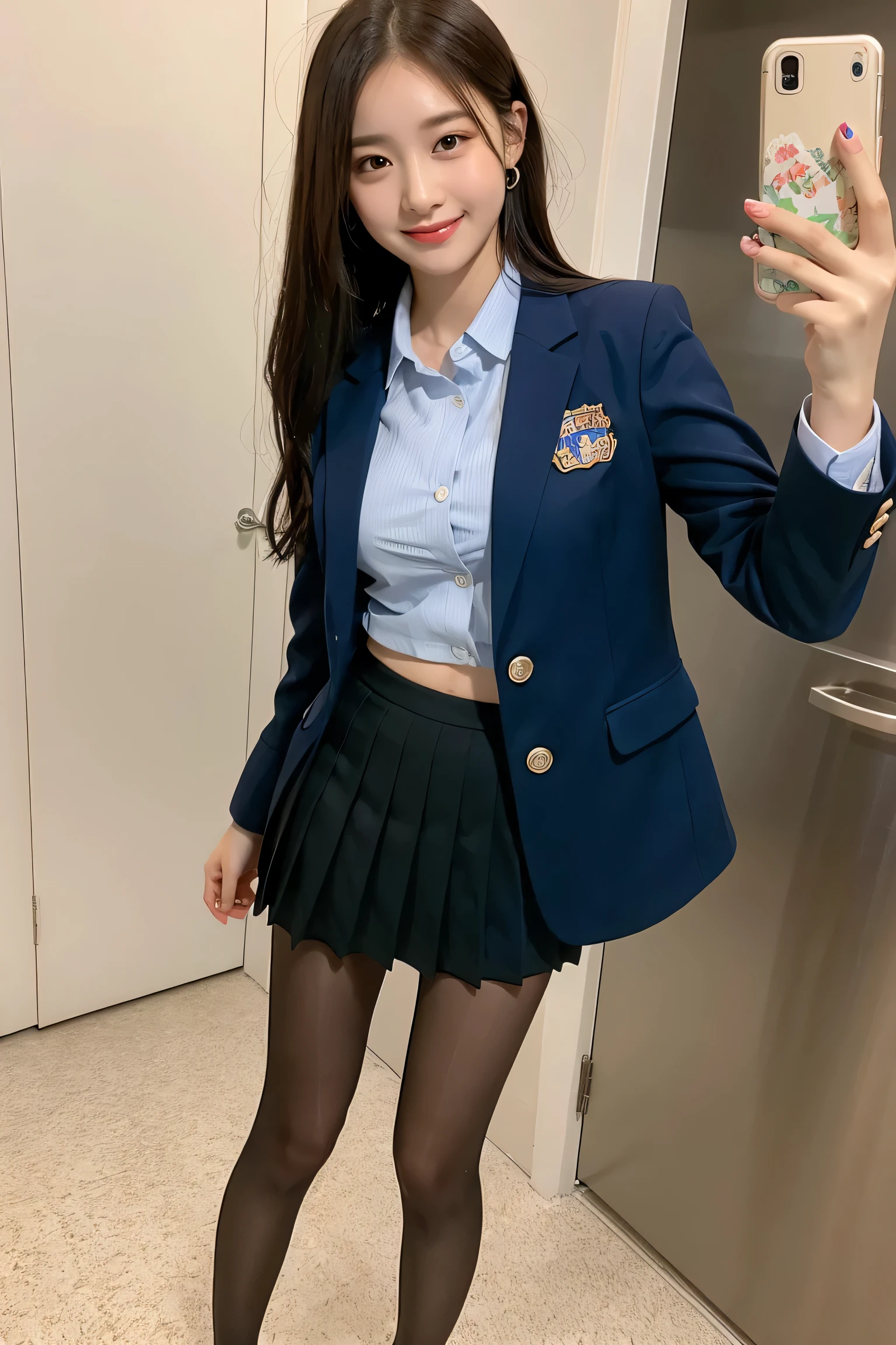 (8k), (highest quality: 1.2), (realistic), (realistic: 1.37), ultra high resolution, 1 girl, cute, smile, closed mouth, beautiful details, beautiful nose, whole body, wet hair, giant dulcefo, pork, thighs,selfie,Navel exposed,College student uniform,simple blazer,pleated skirt,platform boots,Standing,opaque tights,
