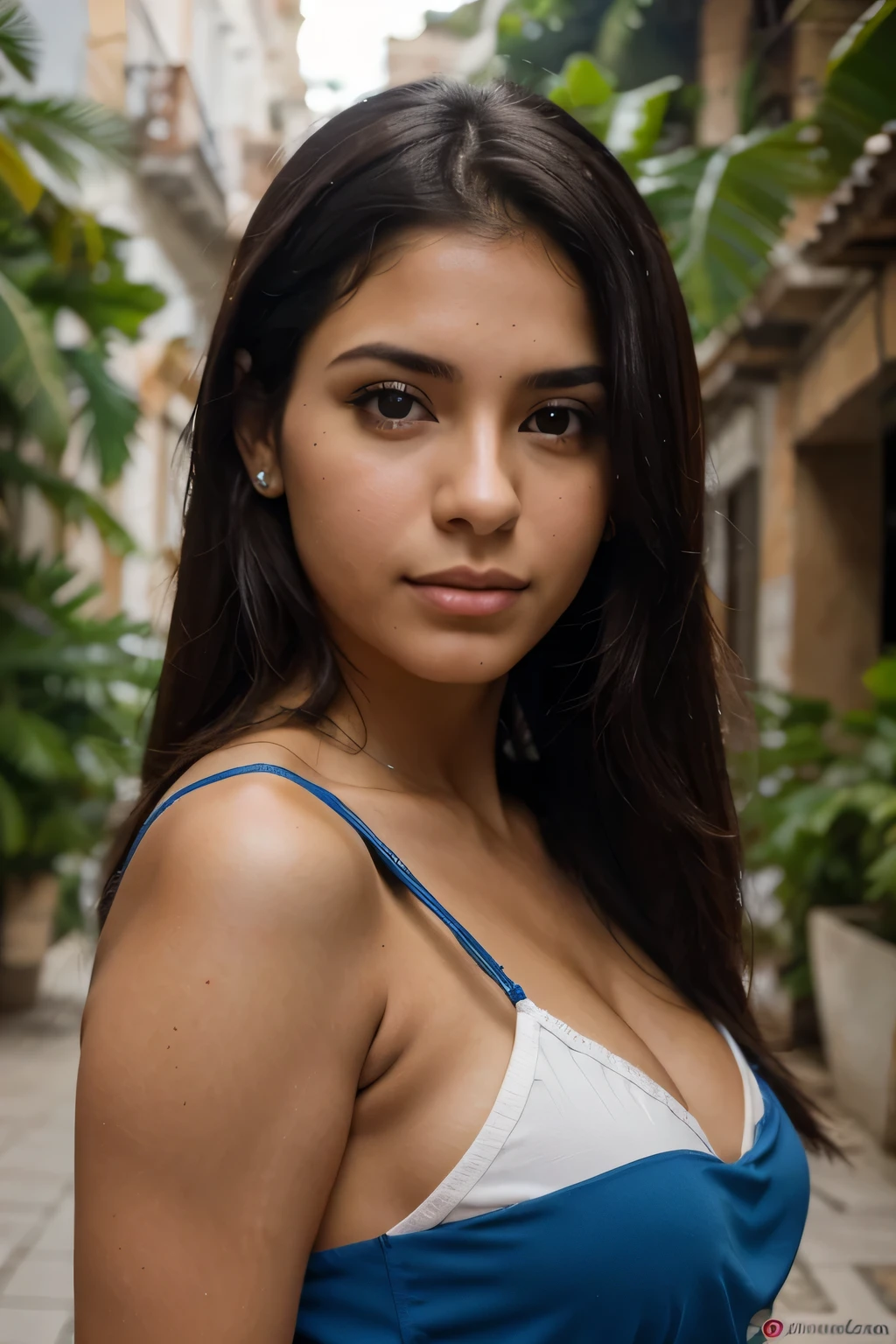 Nude young woman with dark blue skin. Beautiful features. Long blue curling hair and striking blue eyes. Standing on a light stone platform in front of a large river, surrounded by light stone towers and buildings. During sunrise golden hour. 