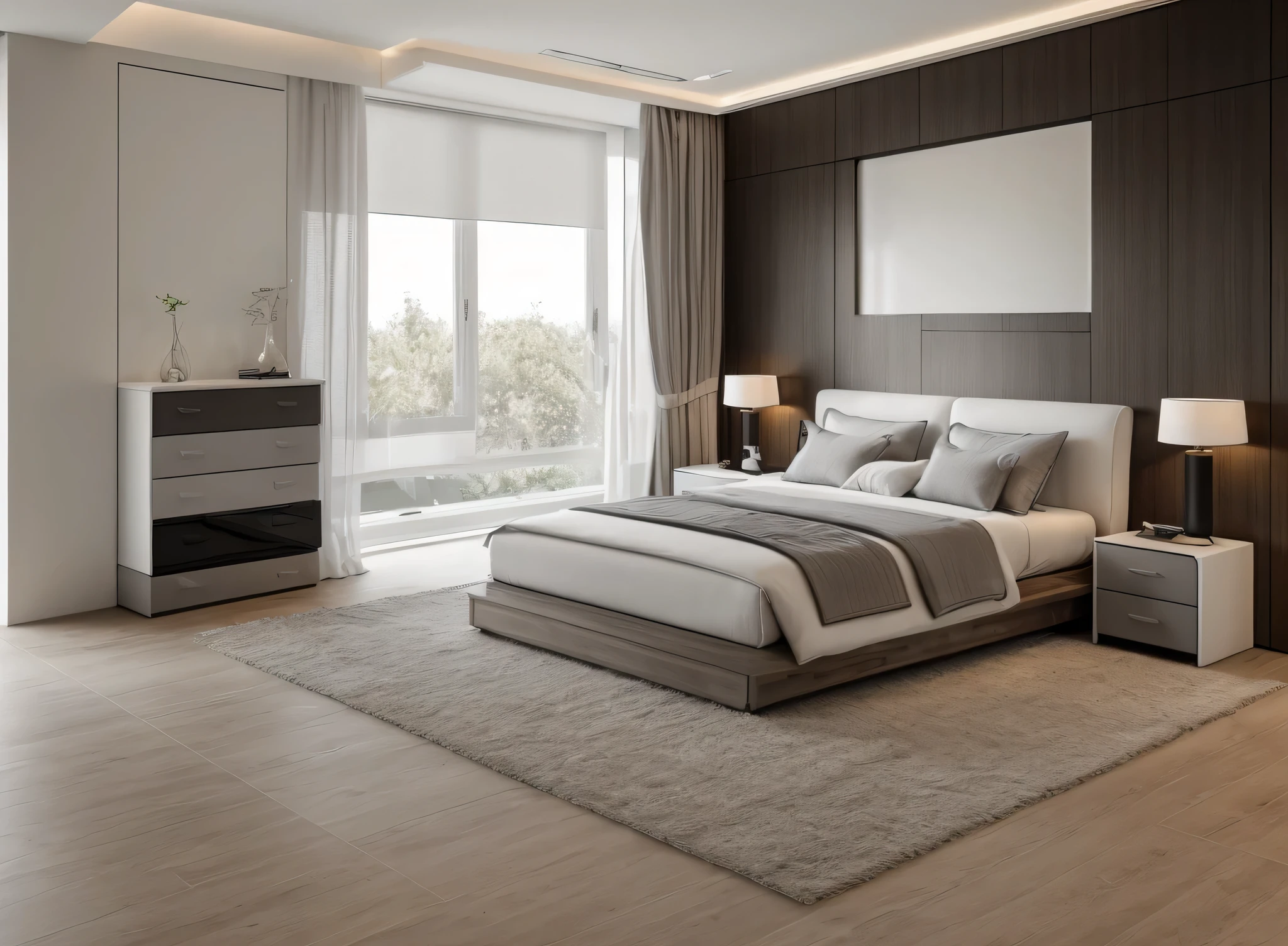 RAW photo,Masterpiece, Modern Bedroom, Glossy wood, MDF wood texture, white and grey, Dark tone, high quality, best quality, authentic, super detail, modern interior,white wall, window, wooden floor, , Realistic reflexes,realistic light , vray