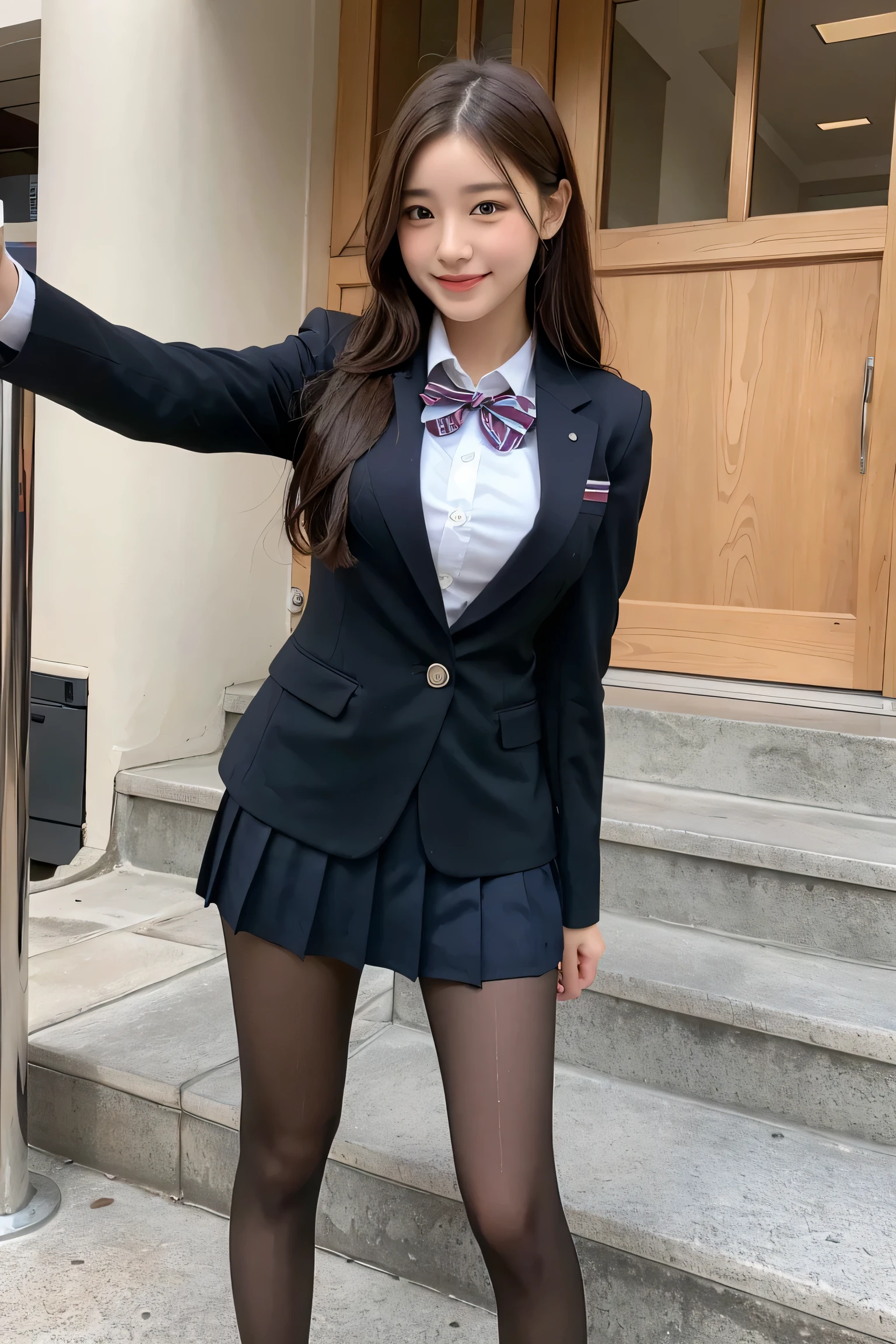 (8k), (highest quality: 1.2), (realistic), (realistic: 1.37), ultra high resolution, 1 girl, cute, smile, closed mouth, beautiful details, beautiful nose, whole body, wet hair, giant dulcefo, pork, thighs,selfie,Navel exposed,College student uniform,simple blazer,pleated skirt,platform boots,Standing,opaque tights,