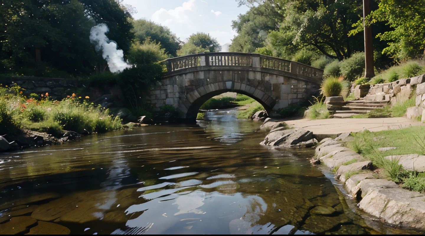 Beautiful scenery, small bridge, flowing water, filled with smoke