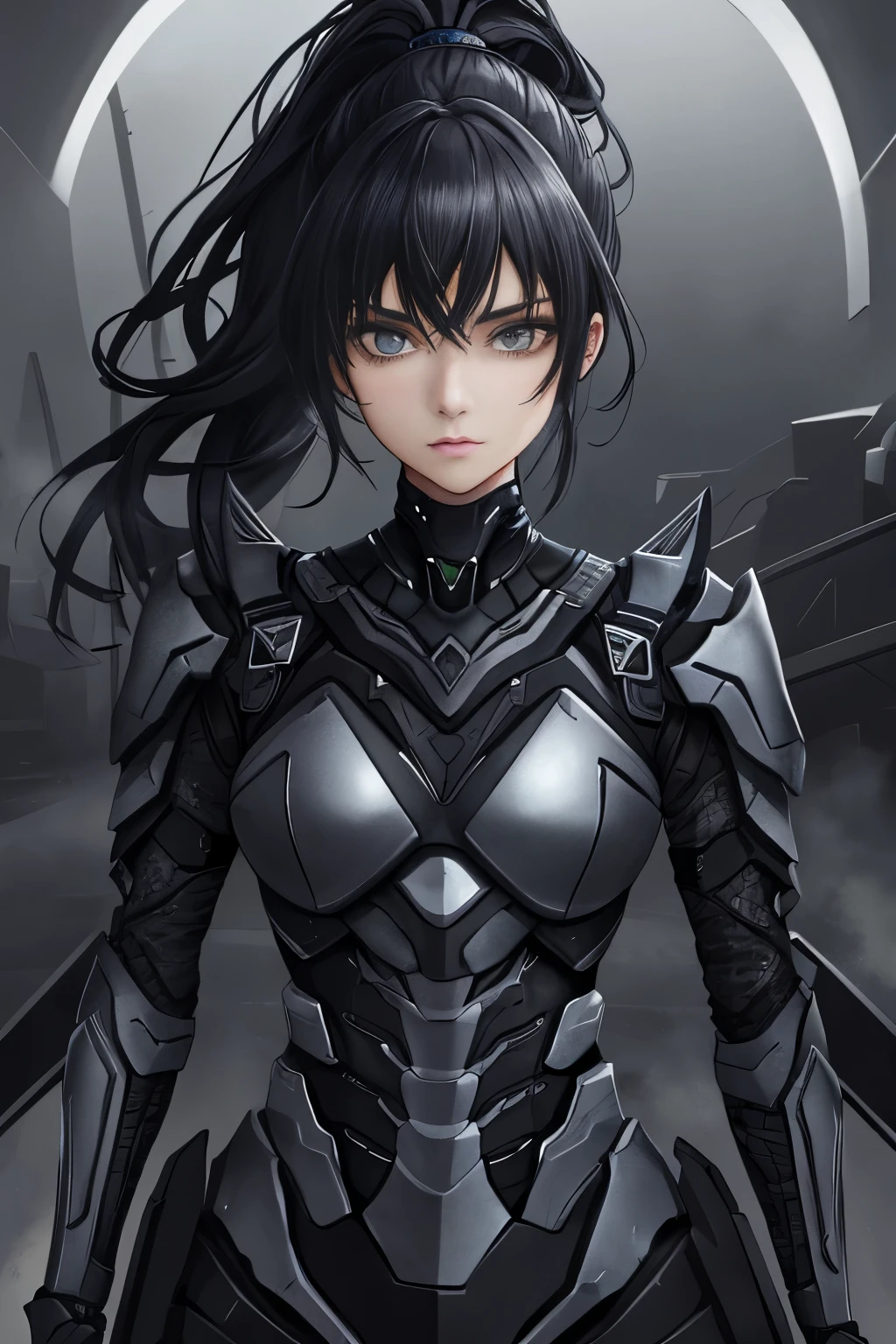 Portrait of a 19-year-old female fusion Grimreaper, clad in titanium and reflective glass black armor with an exoskeleton, her short curly ponytail bouncing slightly. The high-detailed RAW color photo captures every intricate line and shade in 8k resolution. With an action pose, she stands against a noir background, her perfect eyes illuminated in the natural light, bathed in volumetric lighting and subsurface scattering. The vibrant colors contrast sharply with the eerie atmosphere, creating a captivating visual experience.