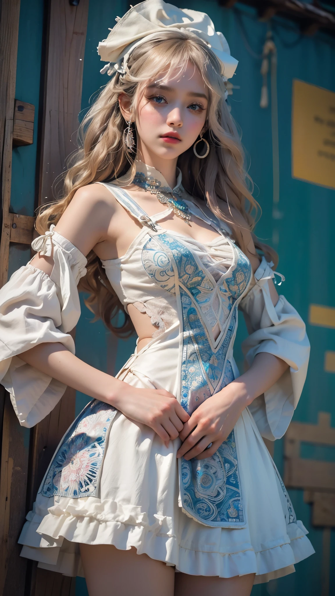 offcial art, Unity 8k wallpaper, Ultra detailed, Beautiful and aesthetic, Beautiful, Masterpiece, Best quality, (zentangle, mandalas, Tangled, entangle), 8K, Skin texture:1.4, tmasterpiece:1.4,Pose behind beauty，(Cyberpunk style Lolita costume in random colors)，