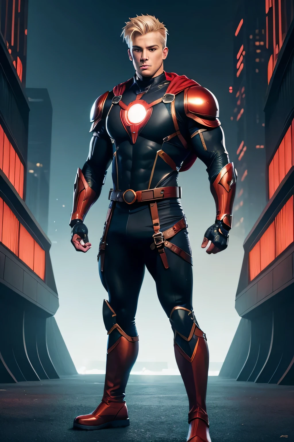 comic drawing style comic drawing, handsome, muscular, male character, blonde hair, Late 20s wearing one-piece tights, superhero boots, harness, leg straps, futuristic shoulder armor and armor on his chest, cybernetic gloves, glowing red orb on back of hand,