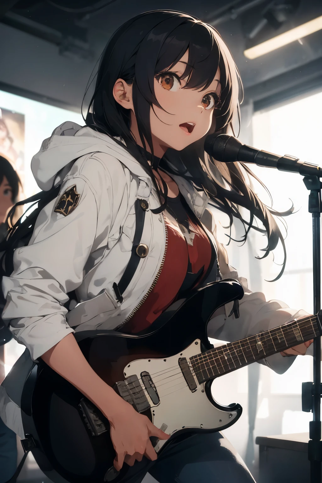 ((best quality)),((masterpiece)),(detailed),perfect face,girl in a club room. She is wearing white shoes,half-length tight denim jeans,and a hooded coat. The girl,with long black hair,is standing and playing an electric guitar passionately while singing into a microphone. The room suggests a casual,creative space,possibly with posters or instruments in the background. The focus is on her expressive performance,capturing the movement of her hair,the texture of her clothes,and the emotion in her posture as if taken with an advanced Canon camera.,
