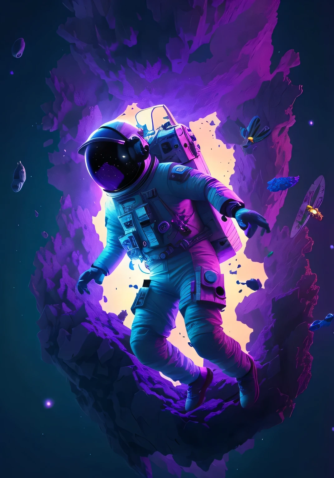 an astronaut floating in a purple and blue space with a purple and blue background, astronaut lost in liminal space, astronaut, beeple's hybrid style, Amazing Space Creatures 4K, astronaut below, detailed astronaut, bee art work, just a joke, beep daily art, 3d rendering beeple, astronaut, 8K Stunning Artwork