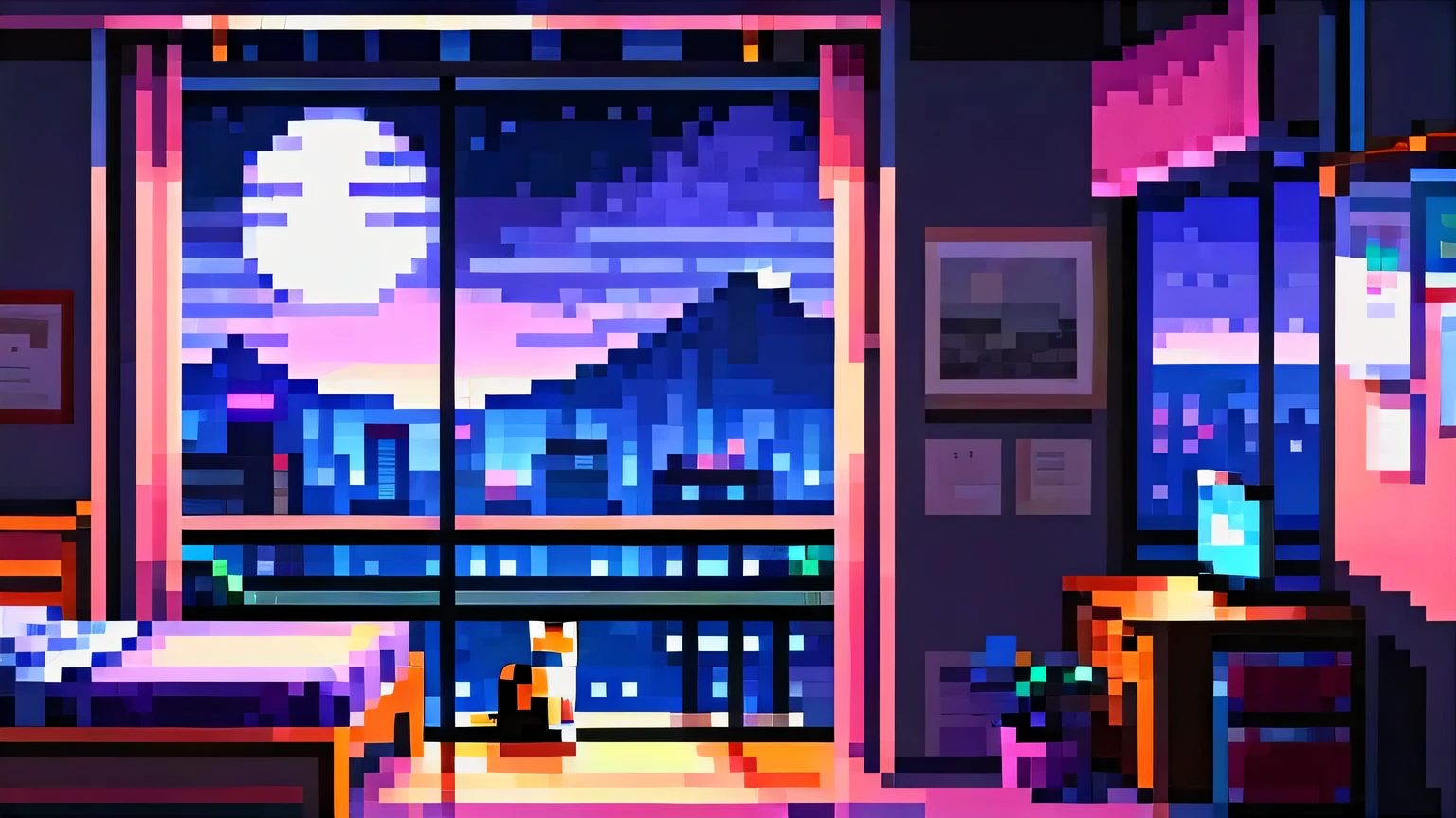 Pixel art, digital night、girl、city、By the window、study、cat、Emotional