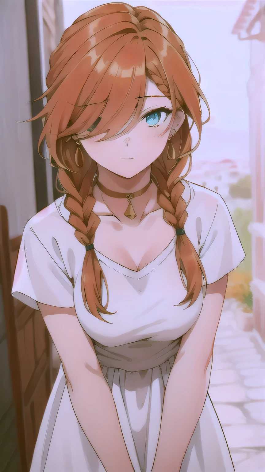 Flamme,1girl,bangs,solo,braided ponytail,single braid,brown hair,orange hair,very long hair,sidelocks,red earrings,hair over one eye,green eyes,blue eyes,collarbone,golden choker,greek clothes,white shirt,medium breasts,short sleeves,white dress,