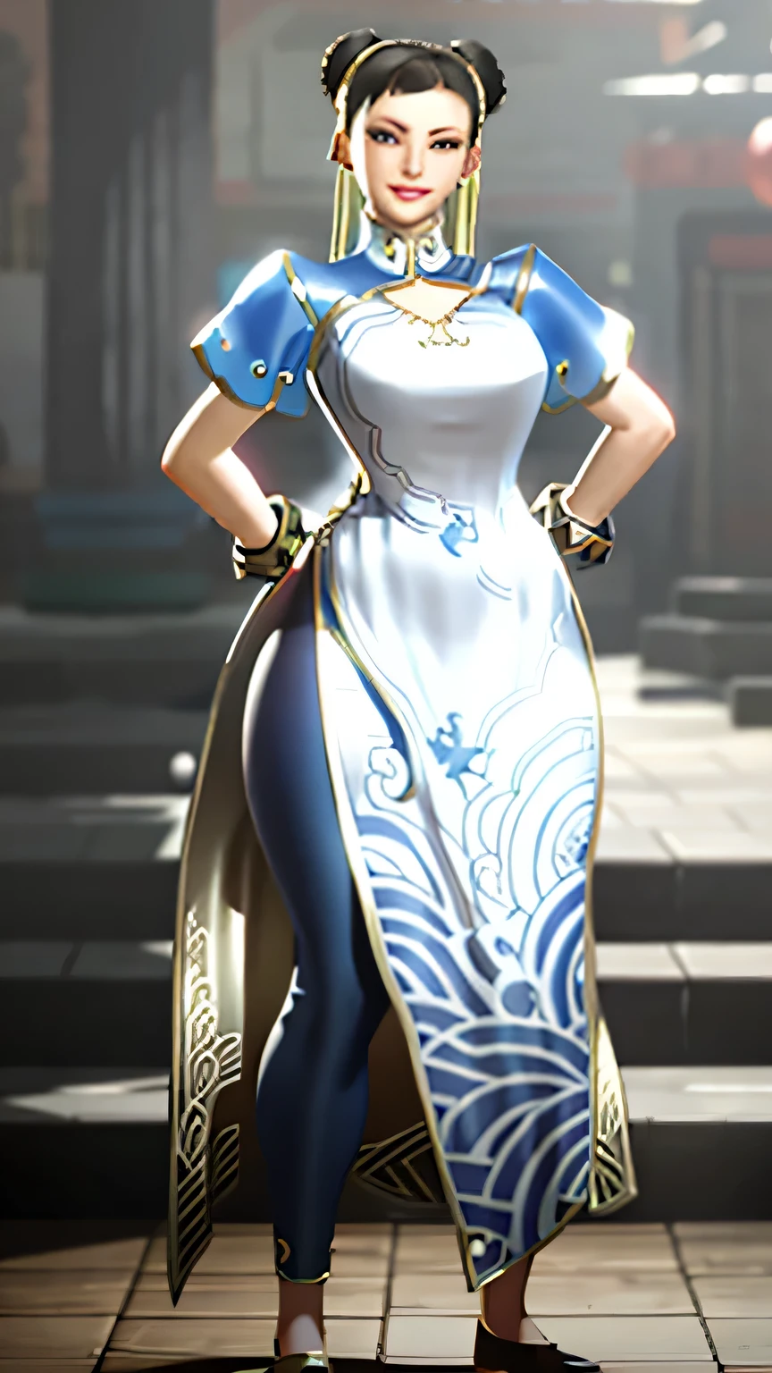 8K HD, ChunLi, Huge natural breasts, seductive pose, shy and embarrassed smile, Huge, curve