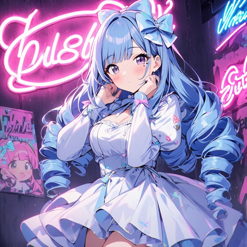 Neon Sign, PENeonSign, neon sign, glowing, colorful, 1girl, Neon Sign, bangs, blue hair, blunt bangs, blush, bow, breasts, closed mouth, commentary request, dress, drill hair, hair bow, hand on own face, highres, idolmaster, idolmaster shiny colors, juliet sleeves, long hair, long sleeves, looking at viewer, medium breasts, mole, mole under eye,