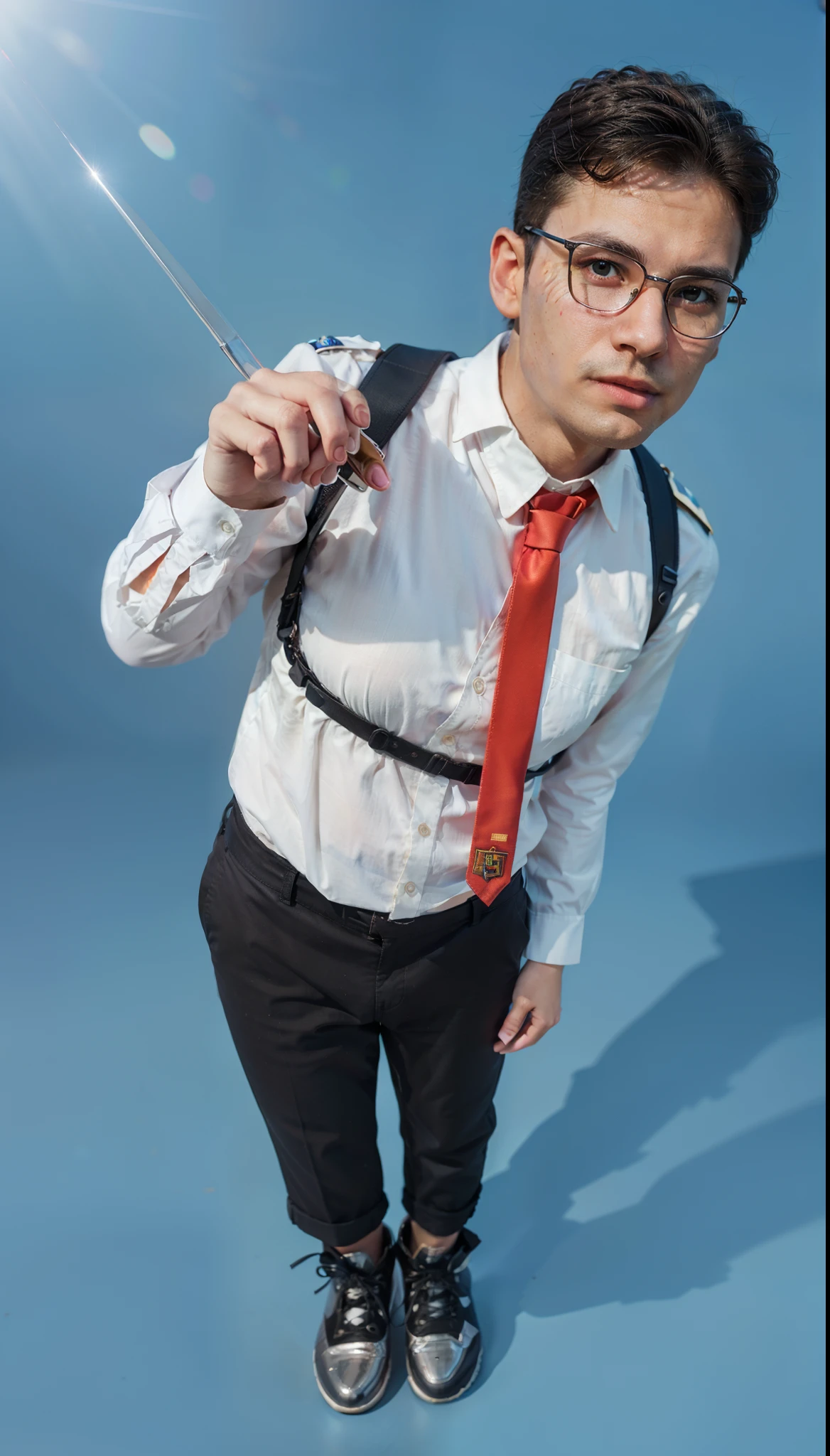 man in a blue shirt and red tie with a black suspender, nan has curly hair, he is curly, wavy hair, wearing a shirt with a tie, official product photo, black shirt with red suspenders, closeup portrait shot, marketing photo, the man have a backpack, photo of policeman in a blue shirt and tie , edited, photo from a promo shoot, man, promotional shot, man standing in defensive pose, wide angle closeup portrait shot, designer uniform, editorial photograph, security agent, profile shot, 4k, rim light, high resolution, 4k, glossy texture, smooth 3d model, multiple light sources, rim light, sharp post effects render, (glossy metallic texture with multiple big light probe refractions), perfect cgi, cgi art created only with gradients, smooth silhouette, high intensity refraction, (super glossy chrome material), most beautiful vfx, blue background, chrome metal refractions, multiple light sources, rim light, sharp post effects render, perfect cgi, anthropomorphic cat, digital art, detailed digital art, reflective, best quality, 4k, masterpiece:1.2, ultra-detailed, realistic, vivid colors, dark and moody lighting, The image of the highest quality, ensuring every detail showcased perfectly. It in 4k resolution, allowing viewers to immerse themselves in the richness of the colors and intricate details. The realistic rendering. under the spotlight, reflecting, high-resolution image, realistic rendering, dark background, and rim light photorealistic