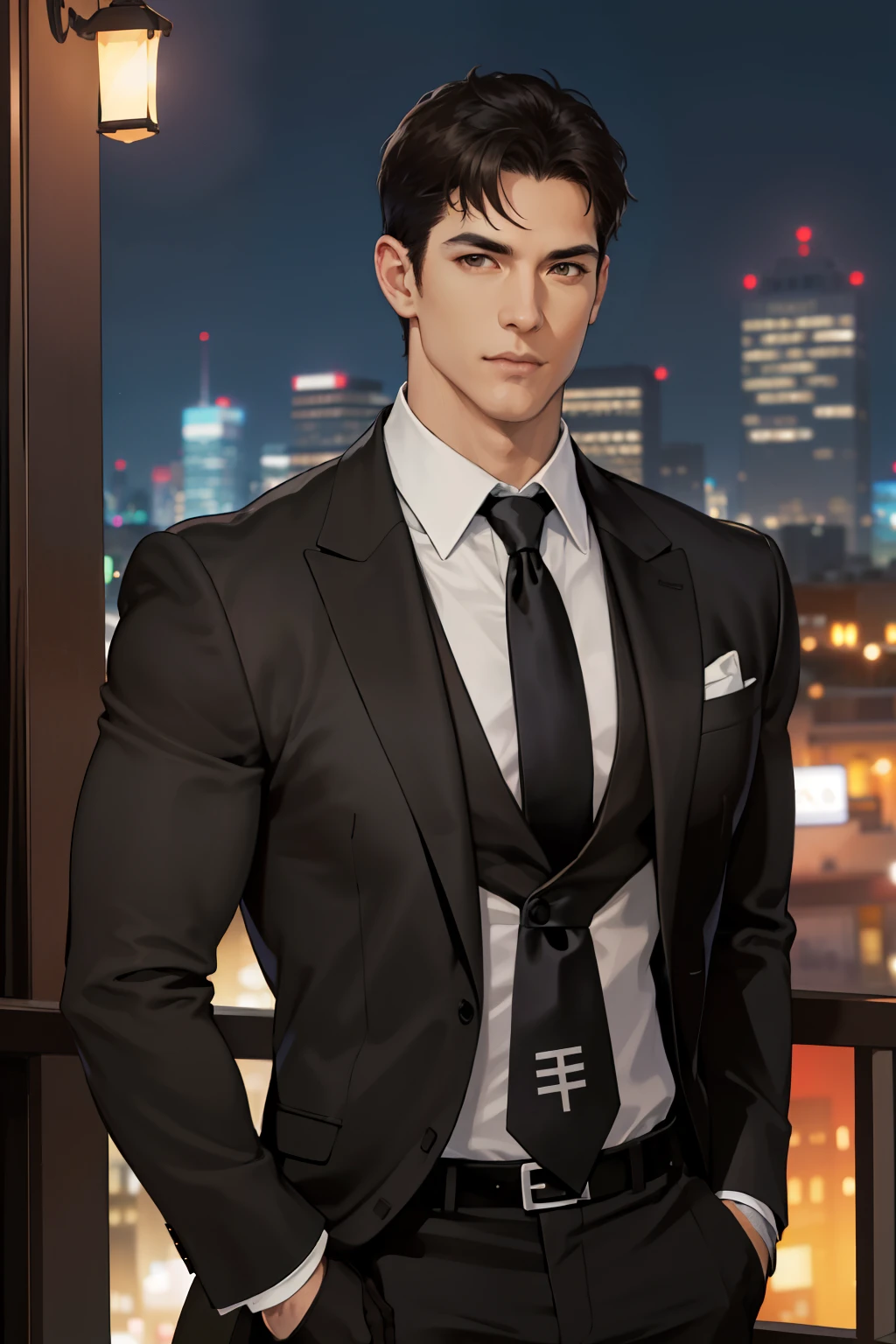 (,AEM highres, ultra detailed, realistic, ), 1 male, solo, adult, mature, tall muscular guy, broad shoulders, handsome, very short hair, black hair, brown eyes, angular jaw, thick neck, thick eyebrows, night, dark, the night view of the city background, formal suit, necktie, upper body