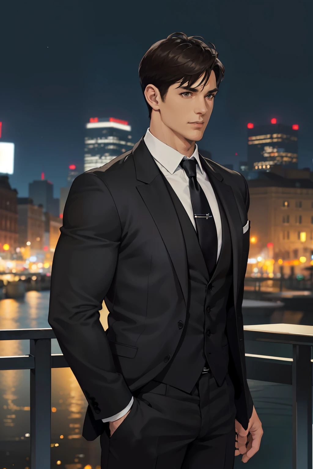 (,AEM highres, ultra detailed, realistic, ), 1 male, solo, adult, mature, tall muscular guy, broad shoulders, handsome, very short hair, black hair, brown eyes, angular jaw, thick neck, thick eyebrows, night, dark, the night view of the city background, formal suit, necktie, upper body