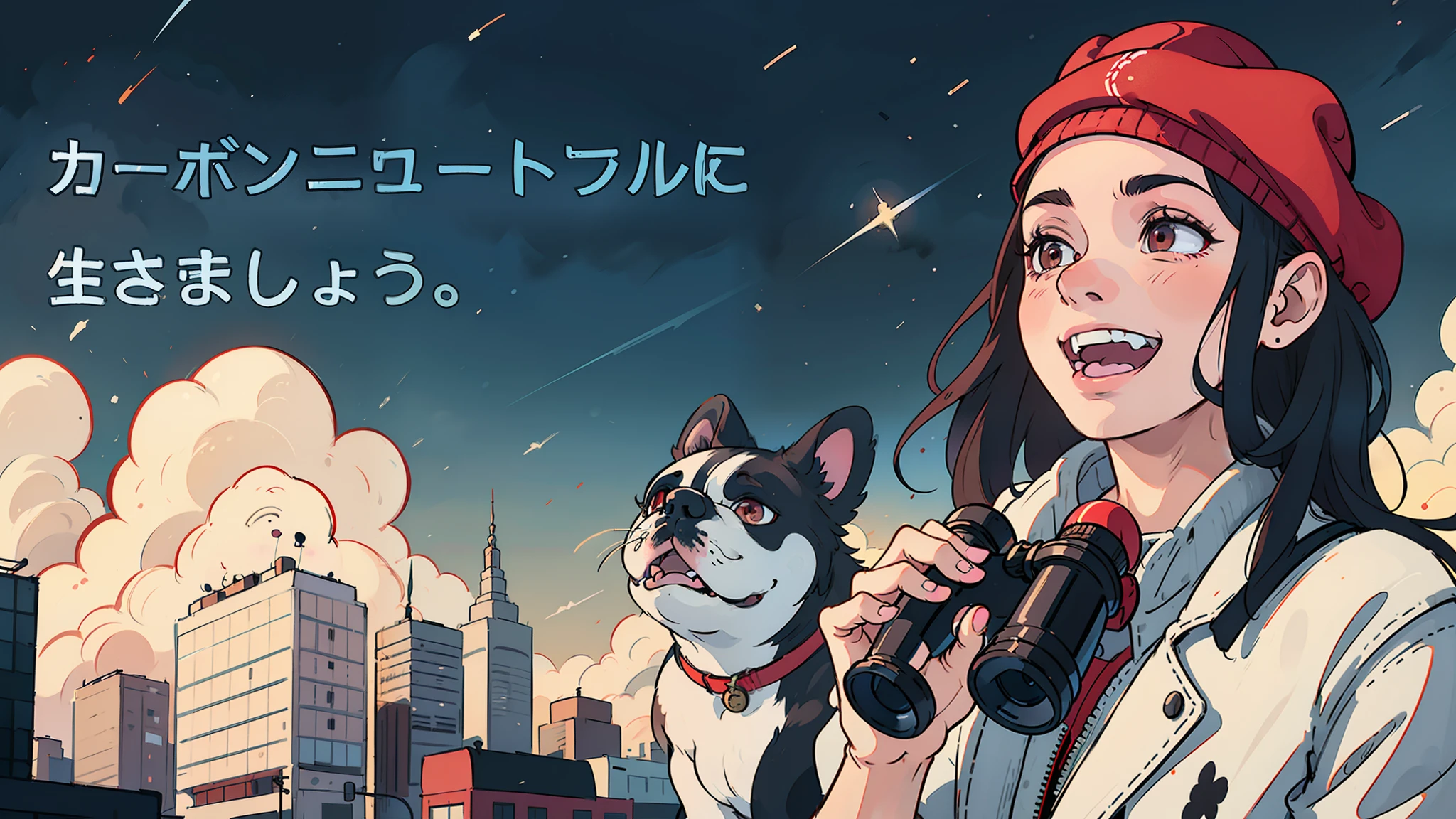 雲のない晴れたnull、Smiling woman in a red beret holding a dog and binoculars with the city in the background, bulldog, wide image, facing left, advertising image, null!,, With the dog, portrait shot