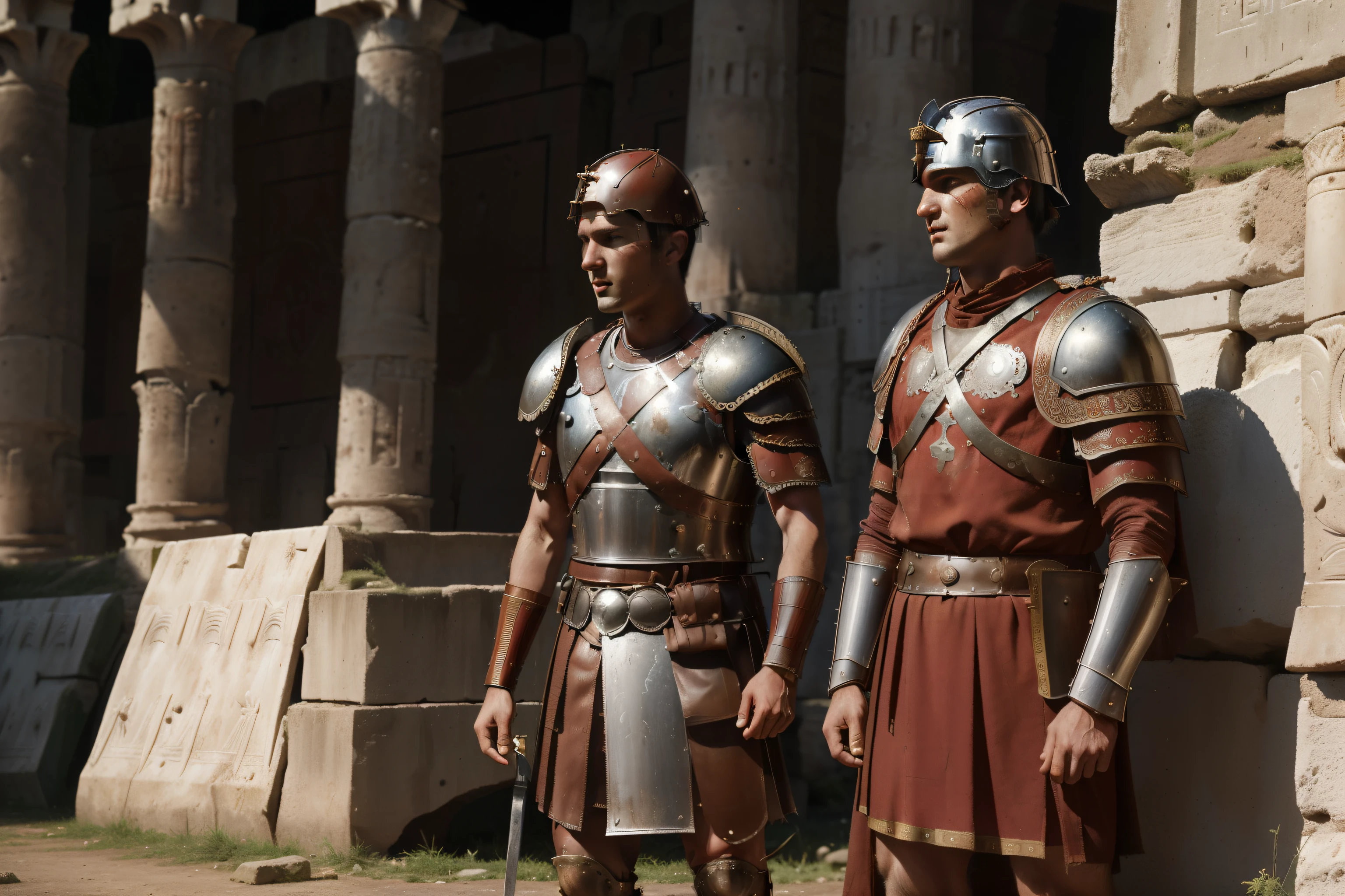 Mitilene, 77 AC. um jovem ((((21 anos)) Julio Cesar)), com ((Tito Labieno)), guerra, batalha, brigando, dentro das muralhas da cidade, stained com blood, sangue no rosto. ((((clothing and armor of the 1st century BC Roman legionnaire.C.))))