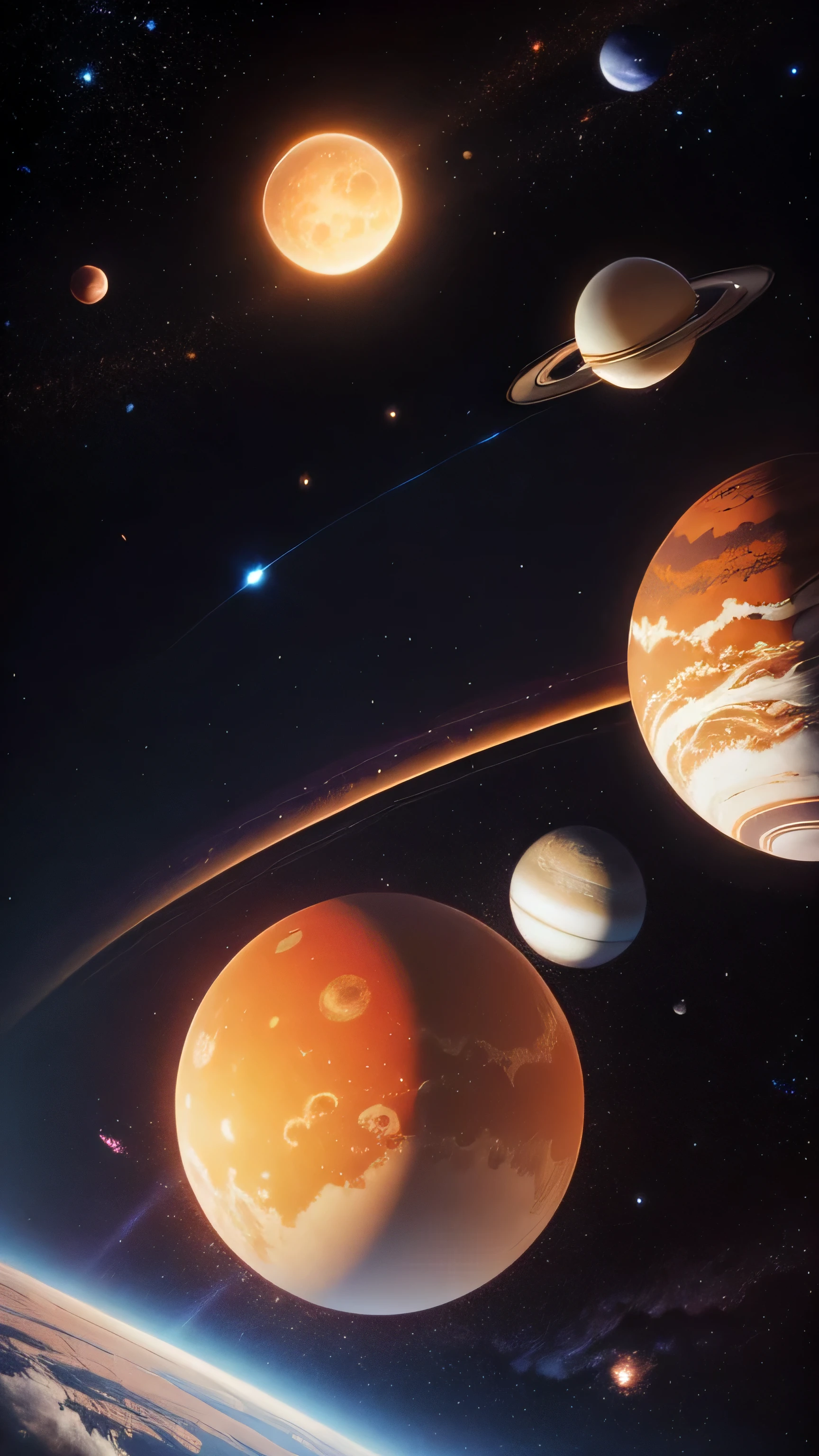 the arrangement of the nine planets including the sun in the solar system, visible from afar