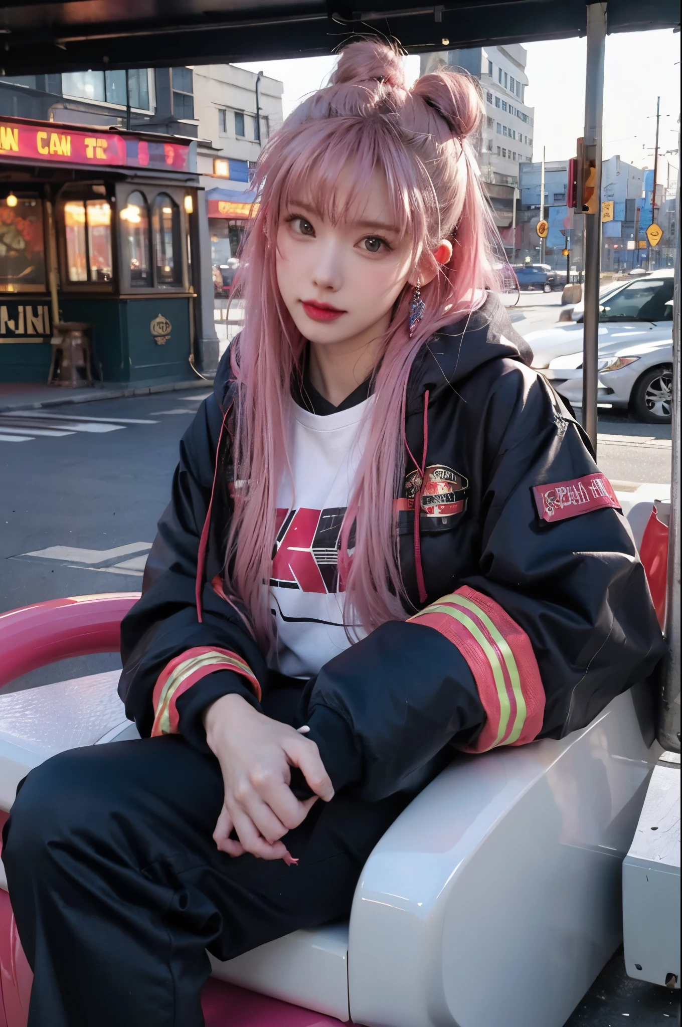 Works of masters,Higher quality,high detal,ultra high resolution,8K resolution,depth of fields,cyber punk perssonage,femele,solo person,ssmile,long whitr hair,Pink hair,curlies,ear studs,bangle,tee shirt,hoody,Firefighter jacket,Armored boots,Facing the viewer,springtime,setting sun,City,Bus stop,Cinematic lighting