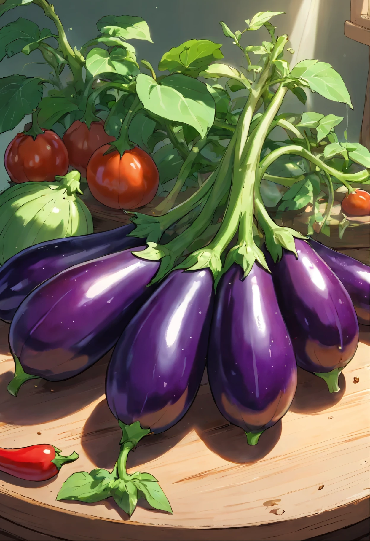 beautifully arranged eggplant on a table,delicate stems with tender tips,crisp and fresh,artistic presentation,naturally vibrant colors,(best quality,4k,8k,highres,masterpiece:1.2),ultra-detailed,realistic:1.37,close-up details,textured green shoots,studio lighting,subtle shadows,aesthetic appeal,culinary inspiration,wholesome and healthy,