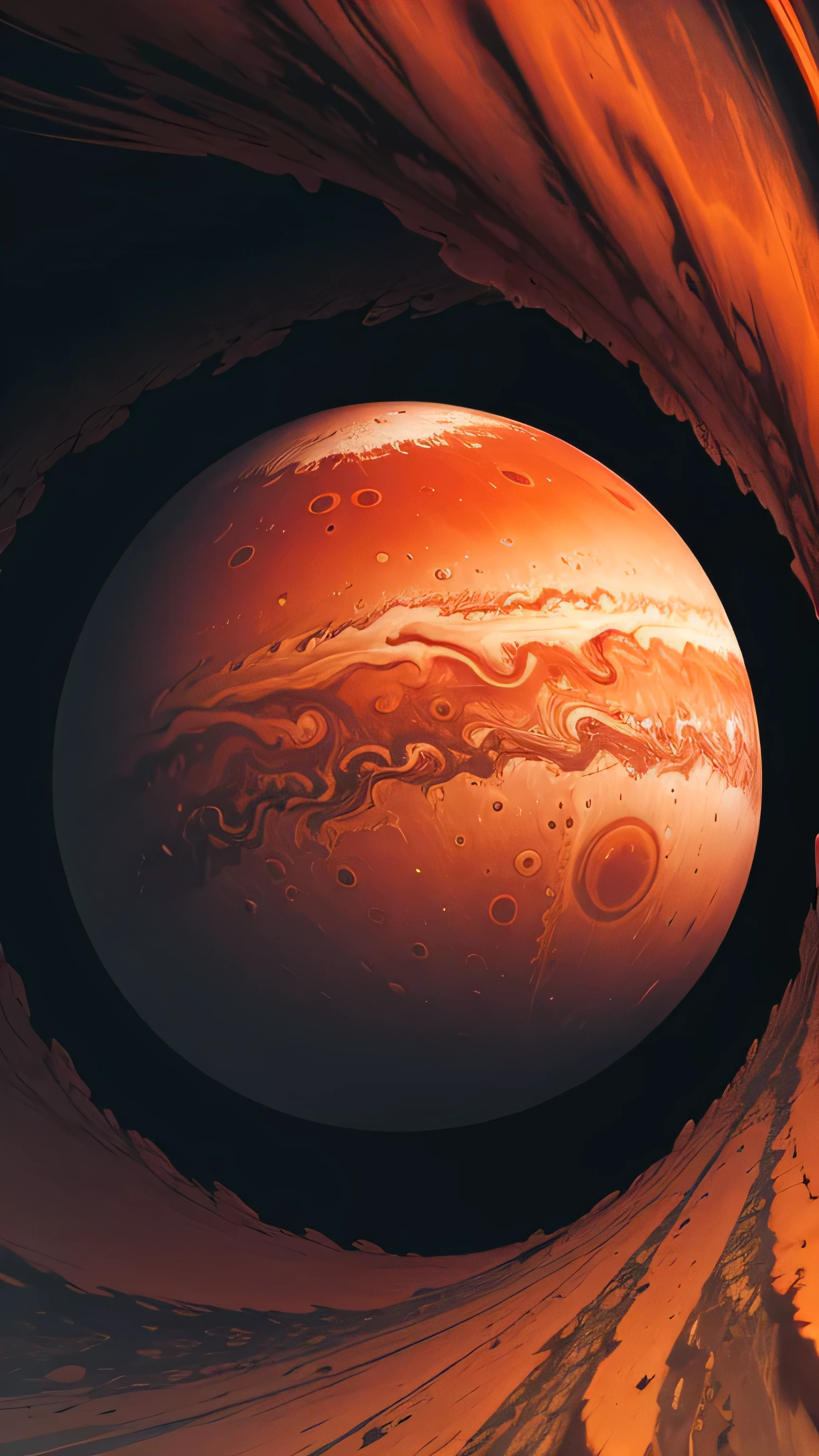 red storm on the surface of jupiter, seen from the planet mars