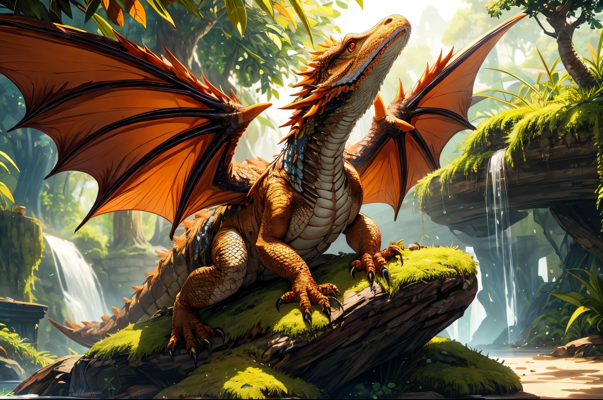 Wings:1,(best quality,realistic,ultra-detailed),dragon and bearded dragon hybrid,bearded dragon,tan and albino orange coloring,scaly texture,detailed scales,sharp claws,piercing eyes,long tail,wings sprouting from the back of the dragon,majestic posture,in a lush garden surrounded by blooming flowers,on top of a moss-covered rock,soft sunlight casting warm shadows,vibrant colors,powerful presence,natural blending of dragon and bearded dragon features,exquisite attention to detail, horn, swam environment