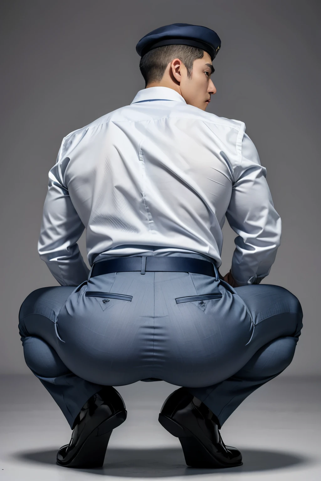 40-year-old boy ,Korean bulky male officer ,Wear navy blue police uniform shirt................ light grey satin smooth tight trouser, transparent pants obvious underwear print ,((unrealistic super big tight butt wearing pants)), turn back to look at the camera, squatting on the ground.
