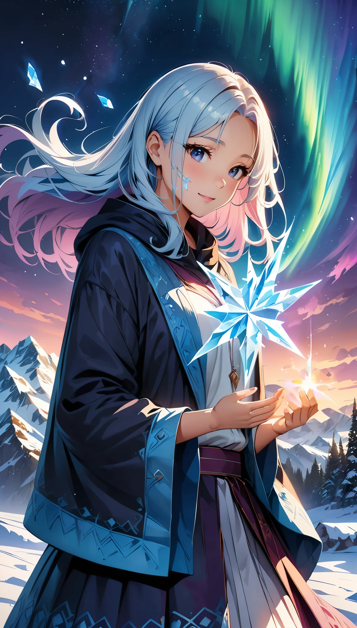 (highest quality、4K、8K、High resolution、masterpiece:1.2)、Super detailed、(anime style、photorealistic:1.37)、witch、Spell casting、ice effect、magic action, flow of magic, shining eyes、flowing robe、mysterious forest、frozen landscape、night view、sparkling moonlight、eerie atmosphere、magic wand、sparkle、frosty breath、snow flakes、detailed facial features、charming、icy touch、colorful aurora lightagic spell、ethereal beauty、unpredictable magical power、transparent ice sculpture、mysterious shadow、dark magic、Whispering leaves、frozen flower、magical forest、glacier landscape