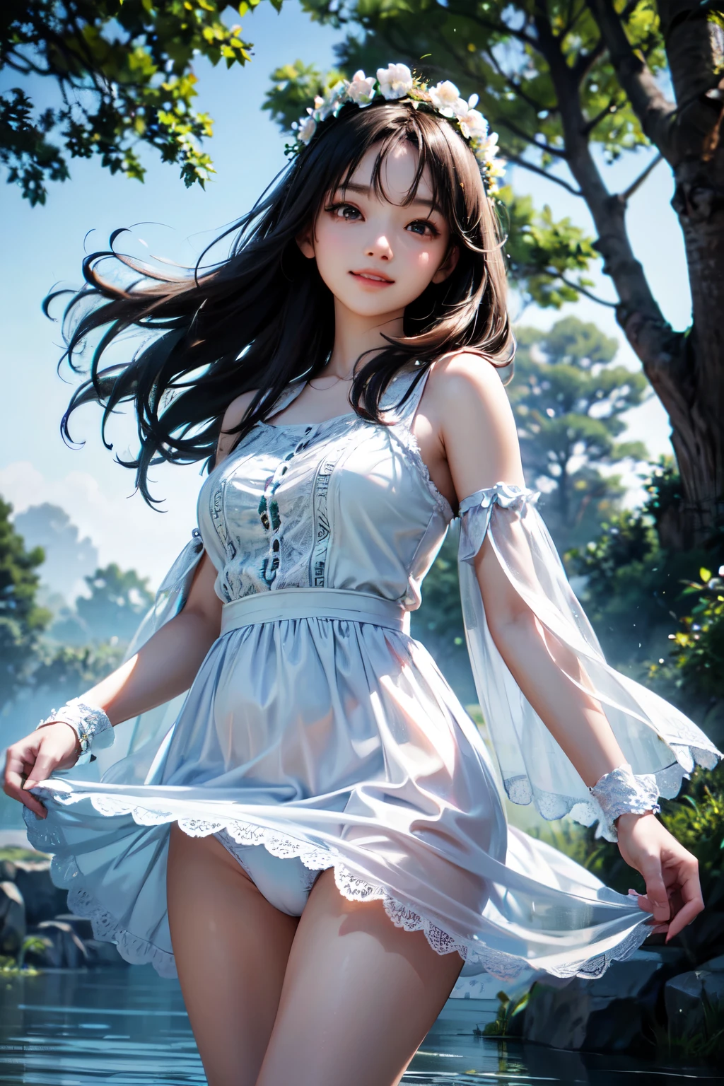 very cute and beautiful girl,frilled white summer dress with detailed lace,(skirt lift,white panties), (highly detailed beautiful face),cowboy shot,(smile:1.2),black hair,flower crown, (standing near water spring in forest),fog,fantastic stone monument,detailed landscape, (best quality,masterpiece:1.0),absurdres,highres,ultra-detailed,extremely detailed,32k,8k resolution, intricate details,cinematic scene,detailed background,solo,dynamic angle, cinematic lighting,dim light,hair fluttering in the wind,