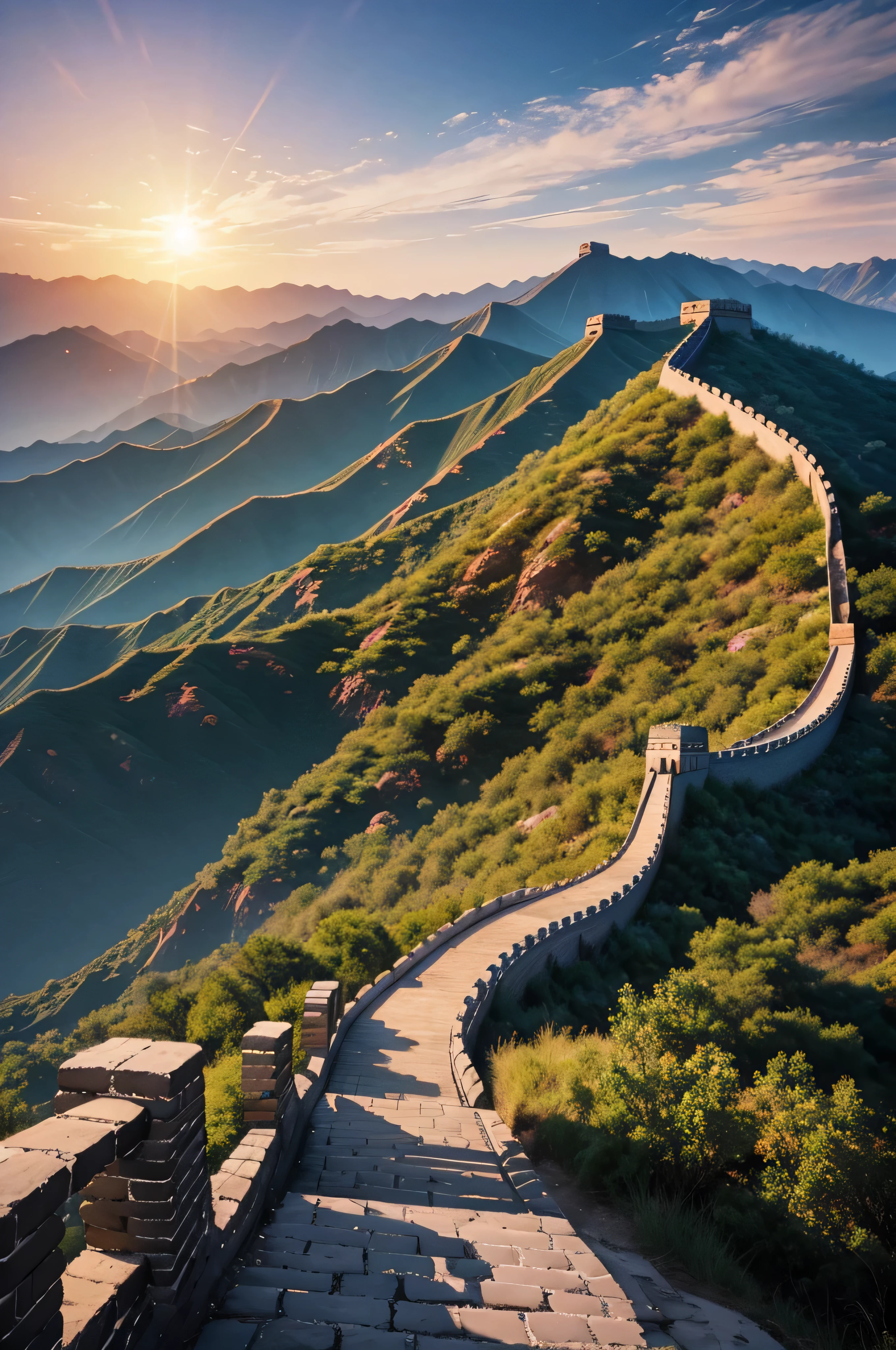 There is a beautiful sunset with the Great Wall in the background, colorful sky, surreal colors, majestic Great Wall surrounding the mountains