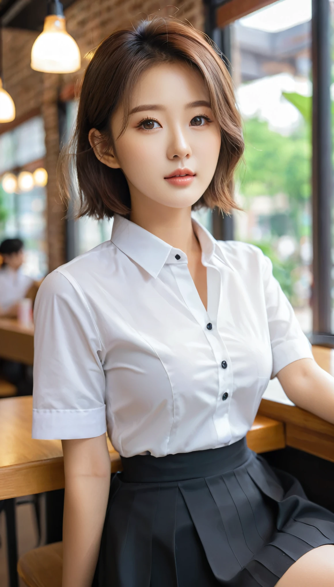 Close-up shot of beautiful korean female, 36 inch breasts size, medium hair, wearing white short sleeve shirt, black skirt with bottons, black skirt, sitting in university 's cafe, uhd