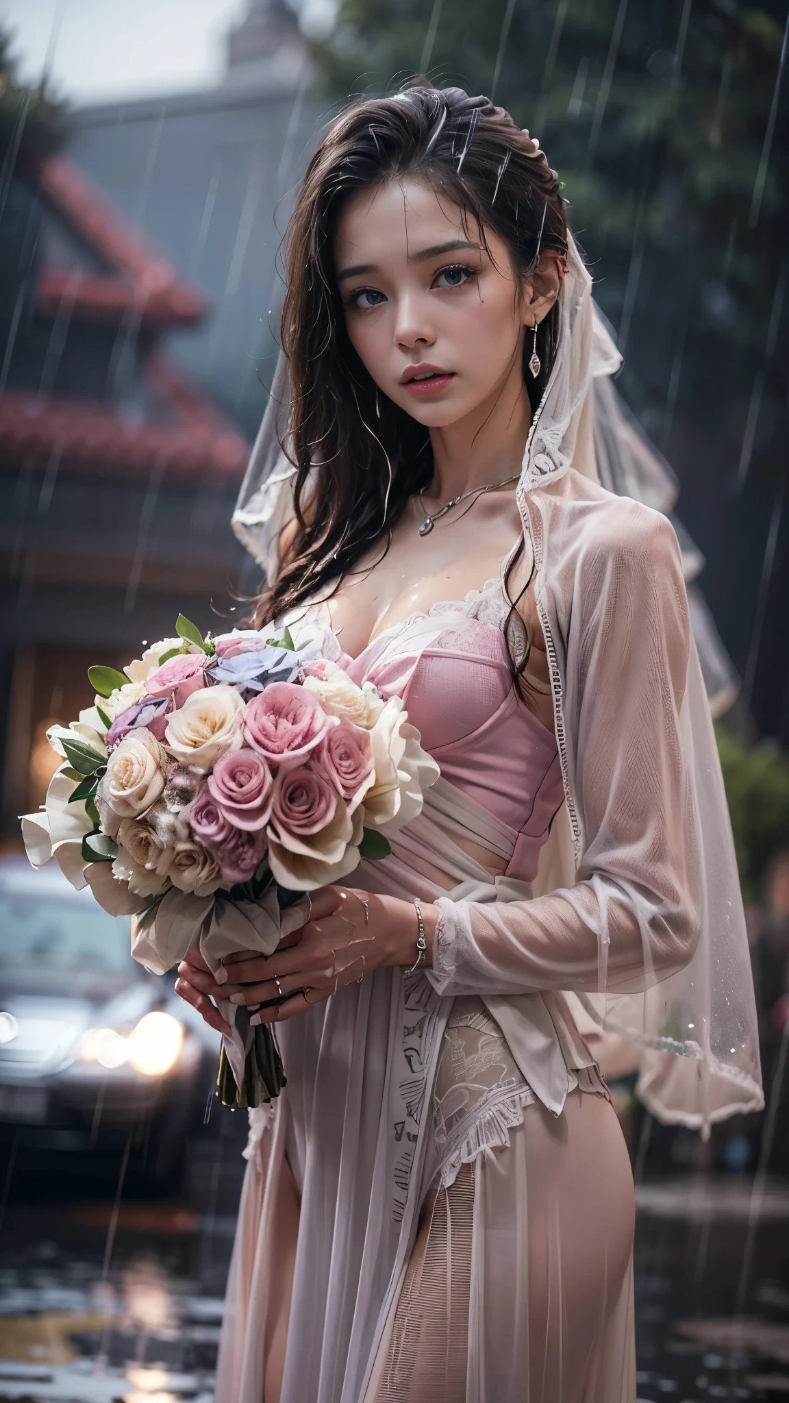 (RAW shooting, Photoreal:1.5, 8K, highest quality, masterpiece, ultra high resolution), perfect dynamic composition:1.2, In front of a church at night in a modern city, expression of sadness:0.7, ((((Typhoon heavy rain)))), Highly detailed skin and facial textures:1.2, Slim office lady wet in the rain:1.3, cowboy shot, Fair skin:1.2, sexy beauty:1.1, perfect style:1.2, beautiful and aesthetic:1.1, very beautiful face:1.2, water droplets on the skin, (rain drips all over my body:1.2, wet body:1.2, wet hair:1.3), (Holding a wet bouquet:1.2, wet pink wedding dress:1.3), (Medium chest, Bra see-through, Chest gap), (cry, lovelorn, The expression on your face when you feel intense caress, Facial expression when feeling pleasure), (beautiful blue eyes, Eyes that feel beautiful eros:0.8), (Too erotic:0.9, Bewitching:0.9), necklace, earrings, bracelet