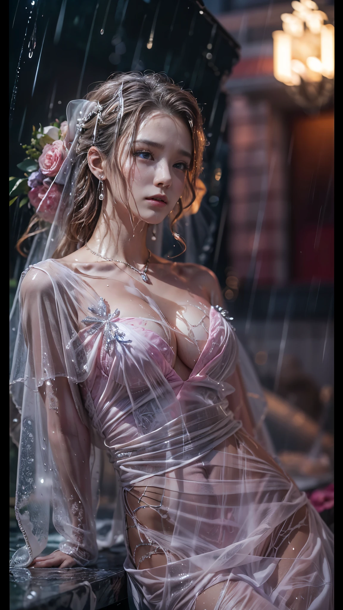 (RAW shooting, Photoreal:1.5, 8K, highest quality, masterpiece, ultra high resolution), perfect dynamic composition:1.2, In front of a church at night in a modern city, expression of sadness:0.7, ((((Typhoon heavy rain)))), Highly detailed skin and facial textures:1.2, Slim office lady wet in the rain:1.3, cowboy shot, Fair skin:1.2, sexy beauty:1.1, perfect style:1.2, beautiful and aesthetic:1.1, very beautiful face:1.2, water droplets on the skin, (rain drips all over my body:1.2, wet body:1.2, wet hair:1.3), (Holding a wet bouquet:1.2, wet pink wedding dress:1.3), (Medium chest, Bra is transparent, Chest gap), (cry, lovelorn, The expression on your face when you feel intense caress, Facial expression when feeling pleasure), (beautiful blue eyes, Eyes that feel beautiful eros:0.8), (Too erotic:0.9, Bewitching:0.9), necklace, earrings, bracelet