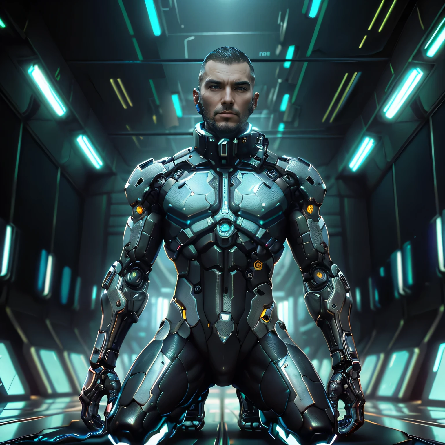 A man with cybernetic arms kneels in a cyberpunk minimalistic lab, his body connected by wires as he gazes upward with a mix of awe and determination. The silver gleam of his advanced enhancements contrasts against the sterile, monochromatic backdrop. This striking digital painting showcases the man's sleek, metallic limbs intertwined with intricate circuitry, highlighting the fusion of man and machine in a futuristic setting. The meticulous attention to detail and expert shading provide a visually stunning and immersive experience for the viewer. He has a buzzcut. 