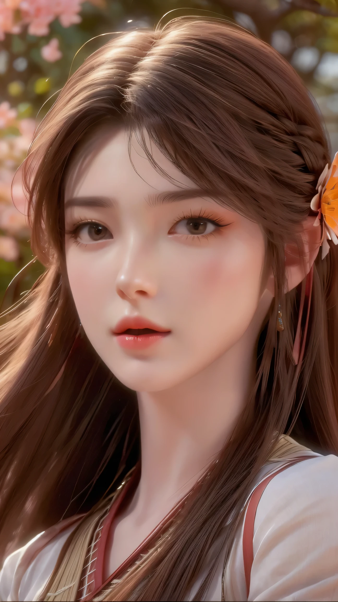 (best quality,ultra-detailed,photorealistic:1.37),vivid colors,studio lighting,beautiful detailed eyes,beautiful detailed lips,extremely detailed eyes and face,long eyelashes,portraits,light brown hair,confident expression,feminine,standing in a garden,soft sunlight,green scenery,flower blossoms,peaceful atmosphere,artistic touch,textured brushstrokes,subtle color variations,brilliant white highlights,delicate movements,graceful pose,slight breeze,rustling leaves,sophisticated style,professional artwork,female beauty.