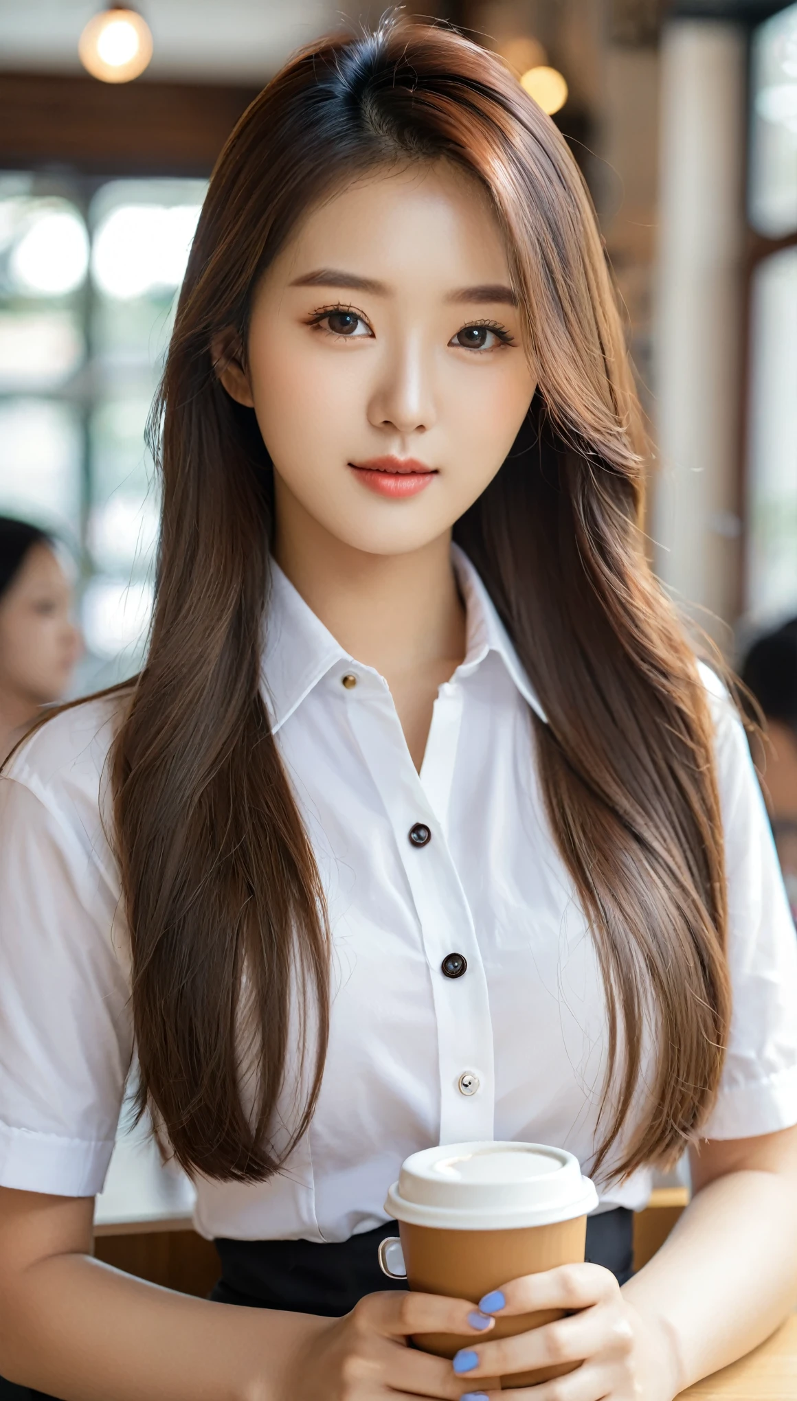 Close-up shot of beautiful korean female, 36 inch breasts size, straight long hair, wearing white short sleeve shirt, black skirt with bottons, black skirt,  holding coffee mug, sitting in university 's cafe, uhd