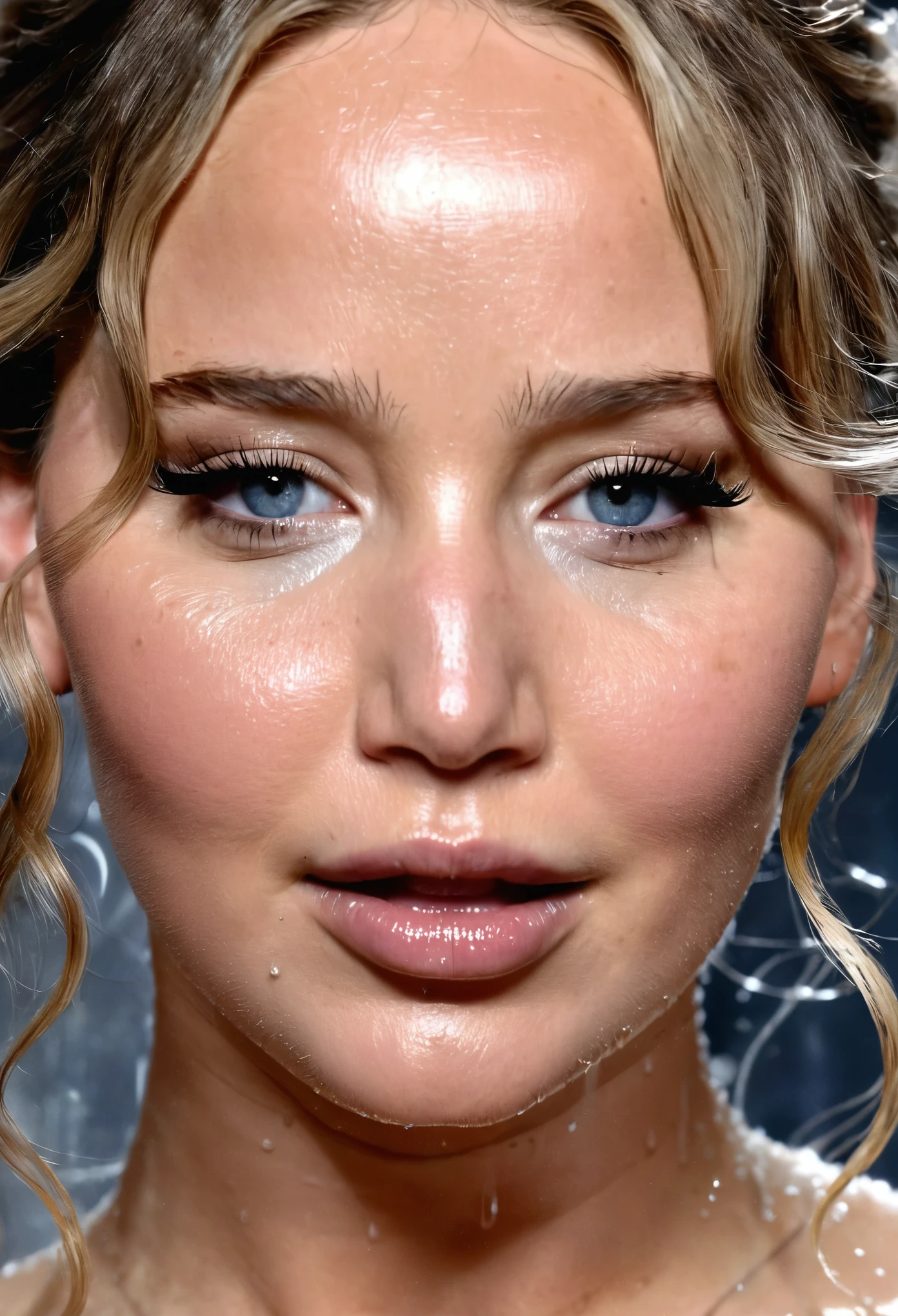 On peut observer le corps entier d'une femme qui ressemble a Jennifer Lawrence, sous la douche, and who caresses himself while biting his lips and closing his eyes