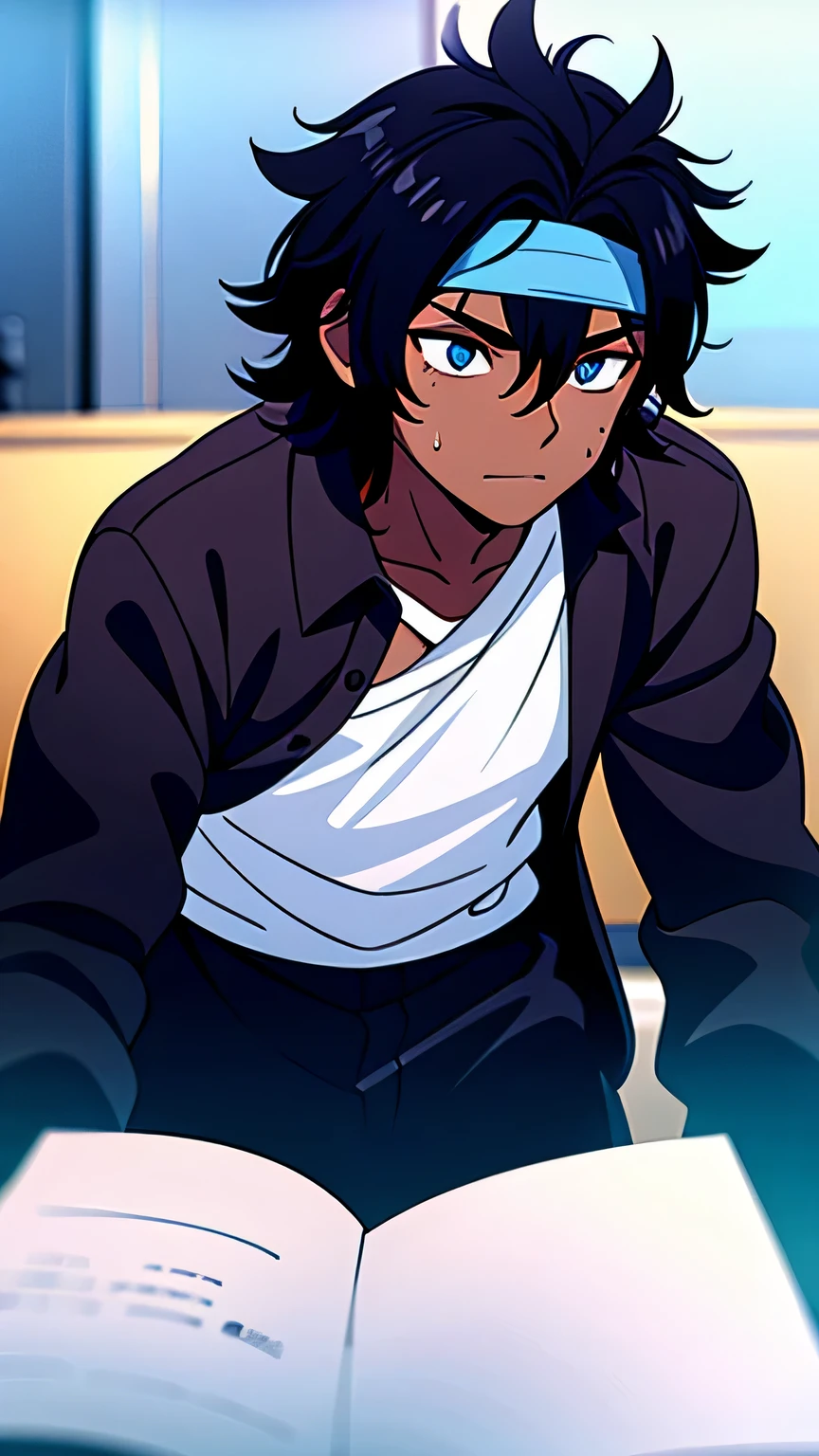 Boy, teen, dark skin, black hair, messy hair, blue eyes, long-sleeved shirt, sweatpants, white headband
