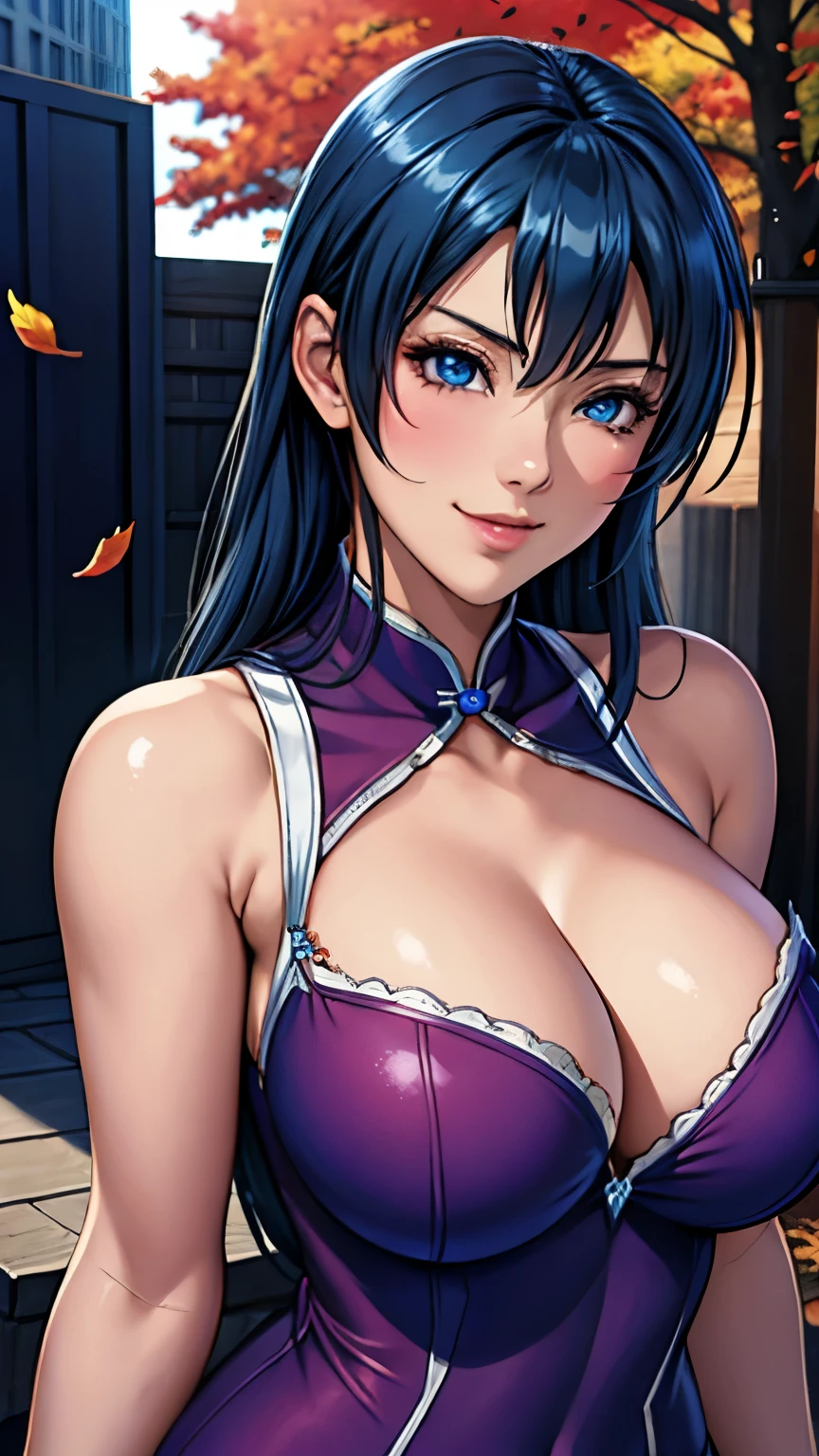 blue eyes, (highest quality, masterpiece painting:1.3), mature woman, 20 years old, (half body shot), masterpiece, ultra high resolution, (Photoreal:1.0), blue hair, beautiful shining hair, white and shining skin, ((Ultra realistic details)), octane rendering, highly detailed face, (big breasts:0.8),(sexy and cute cheongsam,red and white contrast outfit,delicate decoration:1.2), open neckline, (necklace:1.0),cleavage, perfect body, soft skin, anime face, perfect face, perfect eyes, looking at the viewer, smart, Under autumn leaves tree background, Autumn leaf petals are falling, outdoors,shrine, sharp focus, intricate details, professional artwork, (bright colors:1.1), bright colors, diffused lighting, digital blending, ultra-definition body, ultra detail hair, super detailed face, that'It's trending on pixiv, top button open, Cute gaze, compensate, perfect lips, perfect compensate, Ultra-precision coating, (light_smile:1.0), (Very embarrassed:0.8),