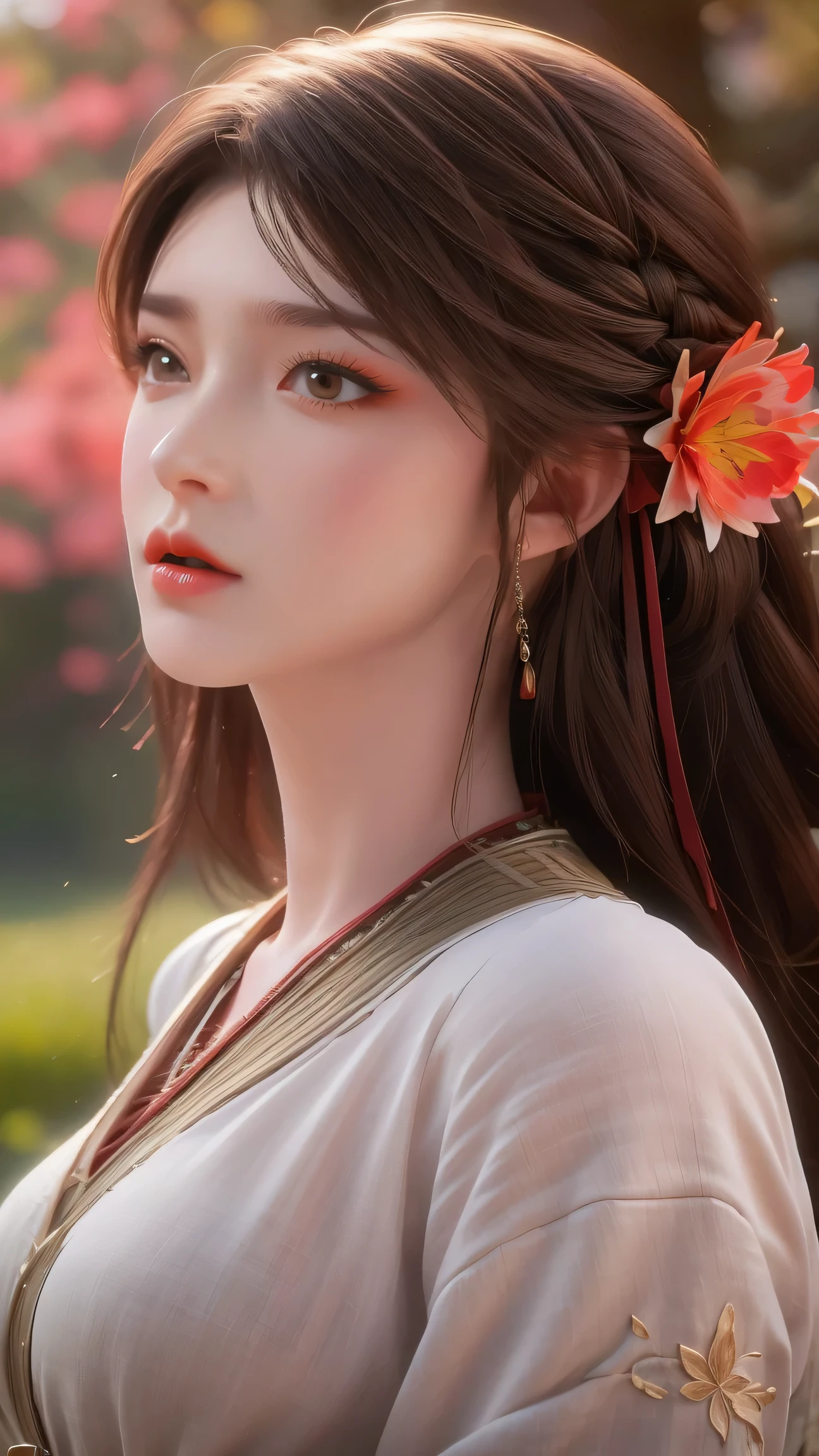 (best quality,ultra-detailed,photorealistic:1.37),vivid colors,studio lighting,beautiful detailed eyes,beautiful detailed lips,extremely detailed eyes and face,long eyelashes,portraits,light brown hair,confident expression,feminine,standing in a garden,soft sunlight,green scenery,flower blossoms,peaceful atmosphere,artistic touch,textured brushstrokes,subtle color variations,brilliant white highlights,delicate movements,graceful pose,slight breeze,rustling leaves,sophisticated style,professional artwork,female beauty.