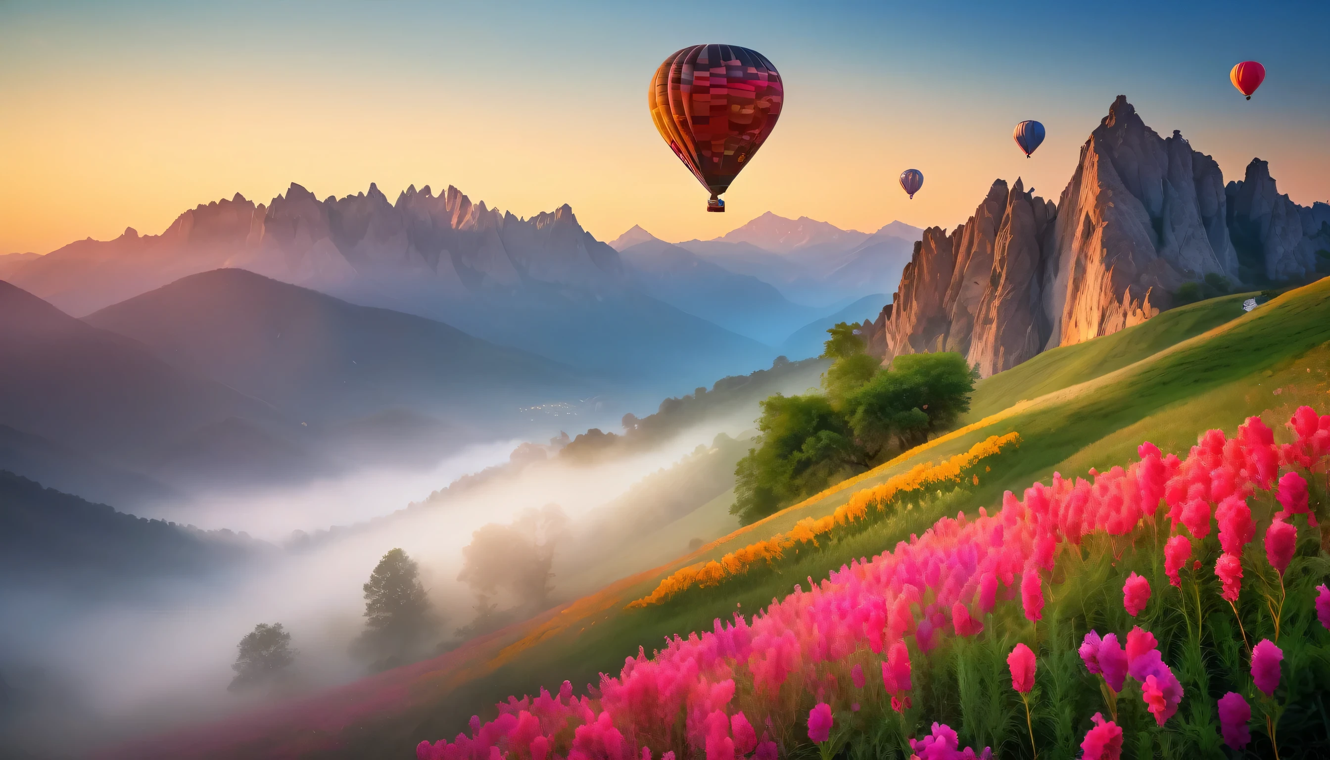 "A hot air balloon slowly ascends from between the peaks of mountains, revealing their contours under the soft glow of the pre-sunrise light. The top of the hot air balloon is adorned with various flowers and brightly colored balloons, surrounded by a hint of mist. The entire scene has a gentle color palette, with exquisite attention to detail. The different trees, grasses, and rocks among the mountain peaks are accurately depicted, creating a realistic play of light and shadow. (best quality, 4k, highres, masterpiece:1.2), ultra-detailed, (realistic, photorealistic, photo-realistic:1.37), HDR, vivid colors, studio lighting, bokeh, delicate brushstrokes, precise textures, serene atmosphere, ethereal scenery, lifelike mountain range, dynamic clouds, subtle gradients, breathtaking dawn, mesmerizing landscape, tranquil mood, dreamlike ambiance, vibrant flora, majestic peaks, peaceful journey, awe-inspiring beauty."