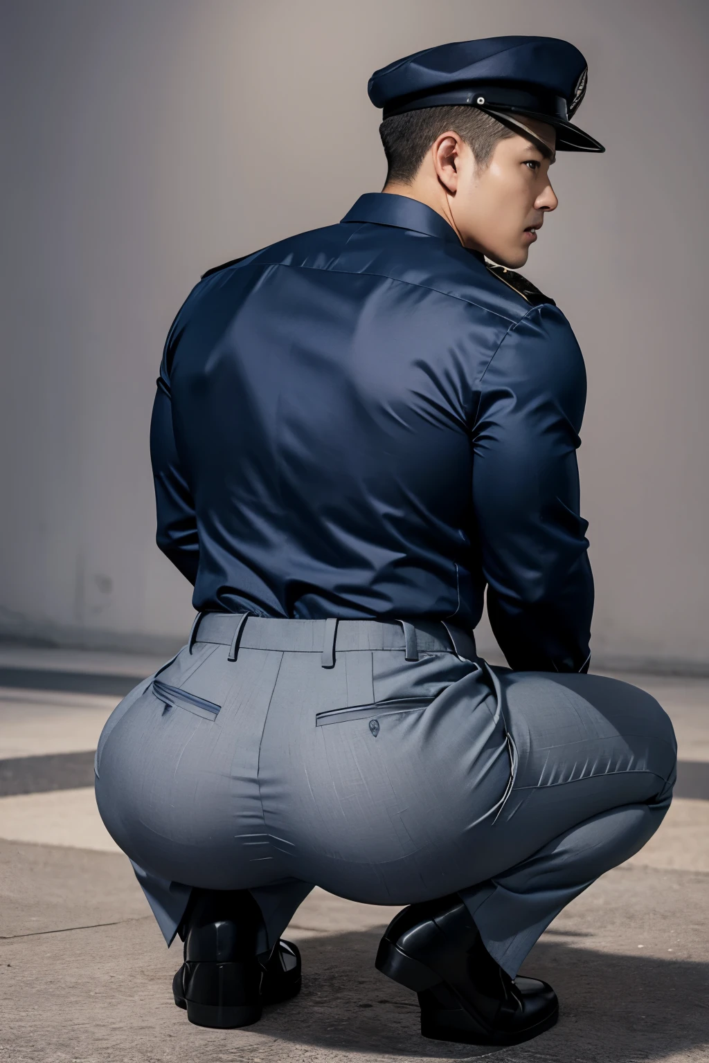 40-year-old boy ,Korean bulky male officer ,Wear navy blue police uniform shirt................ light grey satin smooth tight trouser, transparent pants obvious underwear print ,((unrealistic super big tight butt wearing pants)), turn back to look at the camera, squatting on the ground.
