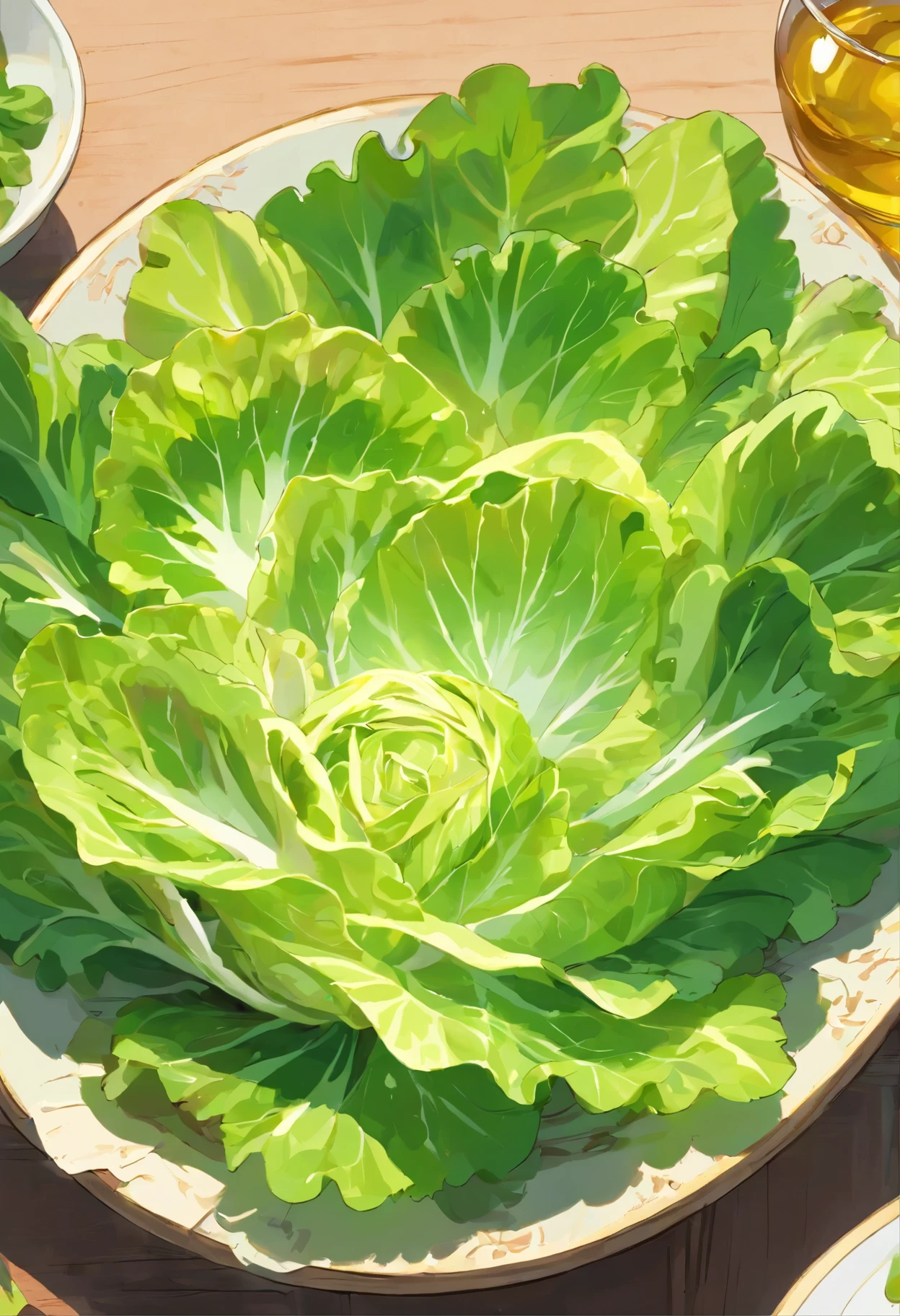 beautifully arranged lettuce on a table,delicate stems with tender tips,crisp and fresh,artistic presentation,naturally vibrant colors,(best quality,4k,8k,highres,masterpiece:1.2),ultra-detailed,realistic:1.37,close-up details,textured green shoots,studio lighting,subtle shadows,aesthetic appeal,culinary inspiration,wholesome and healthy,