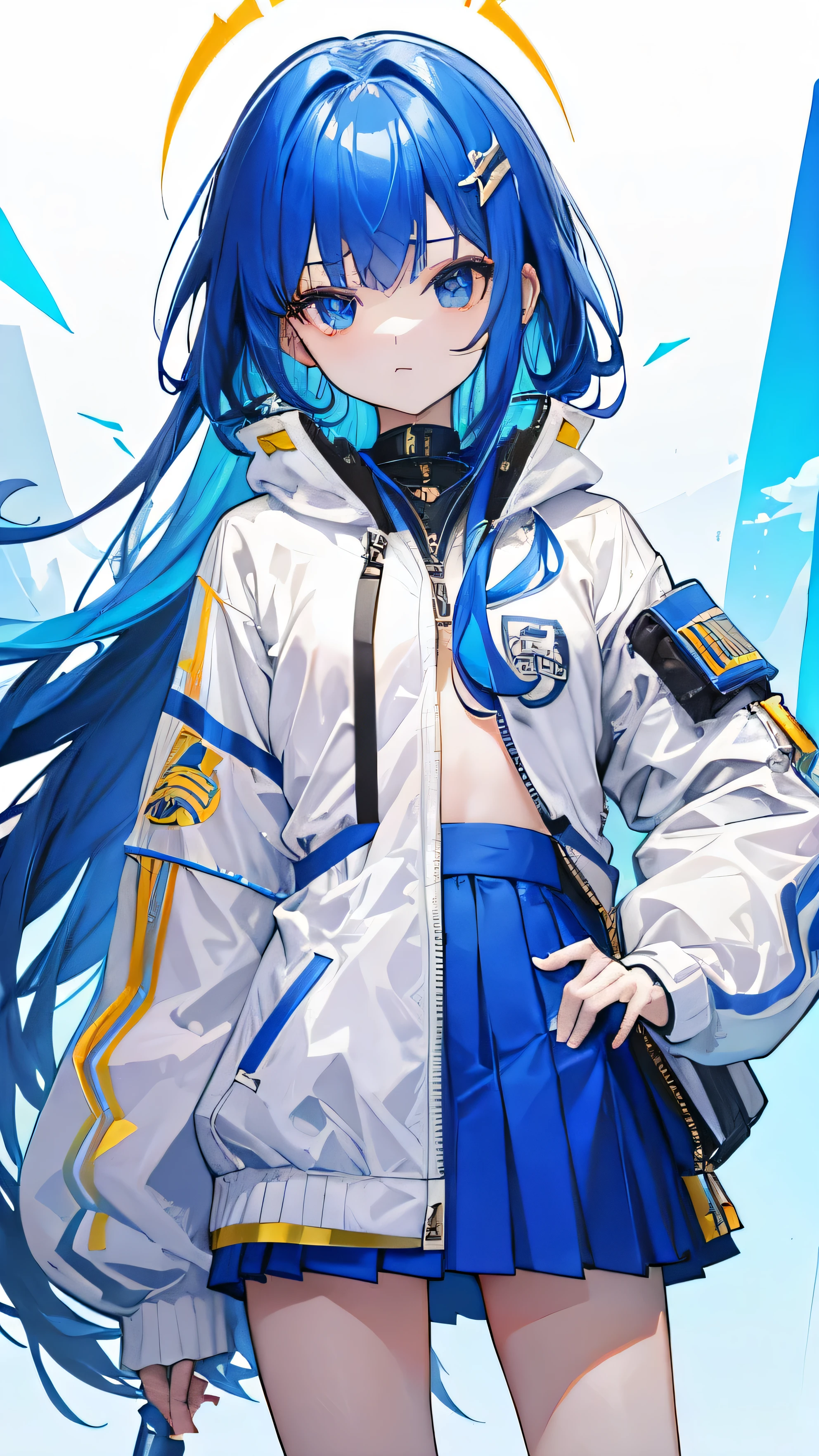 (highres:1.2),bright blue hair, golden highlights, long flowing hair, standing pose, upper body in a white windbreaker jacket (with a small pyramid pattern), lower body in a gray open-zipper jacket and a very short skirt, young girl, flat chest,Technology style,The clothes have a gold pattern(and a bit of egyptian flavor)