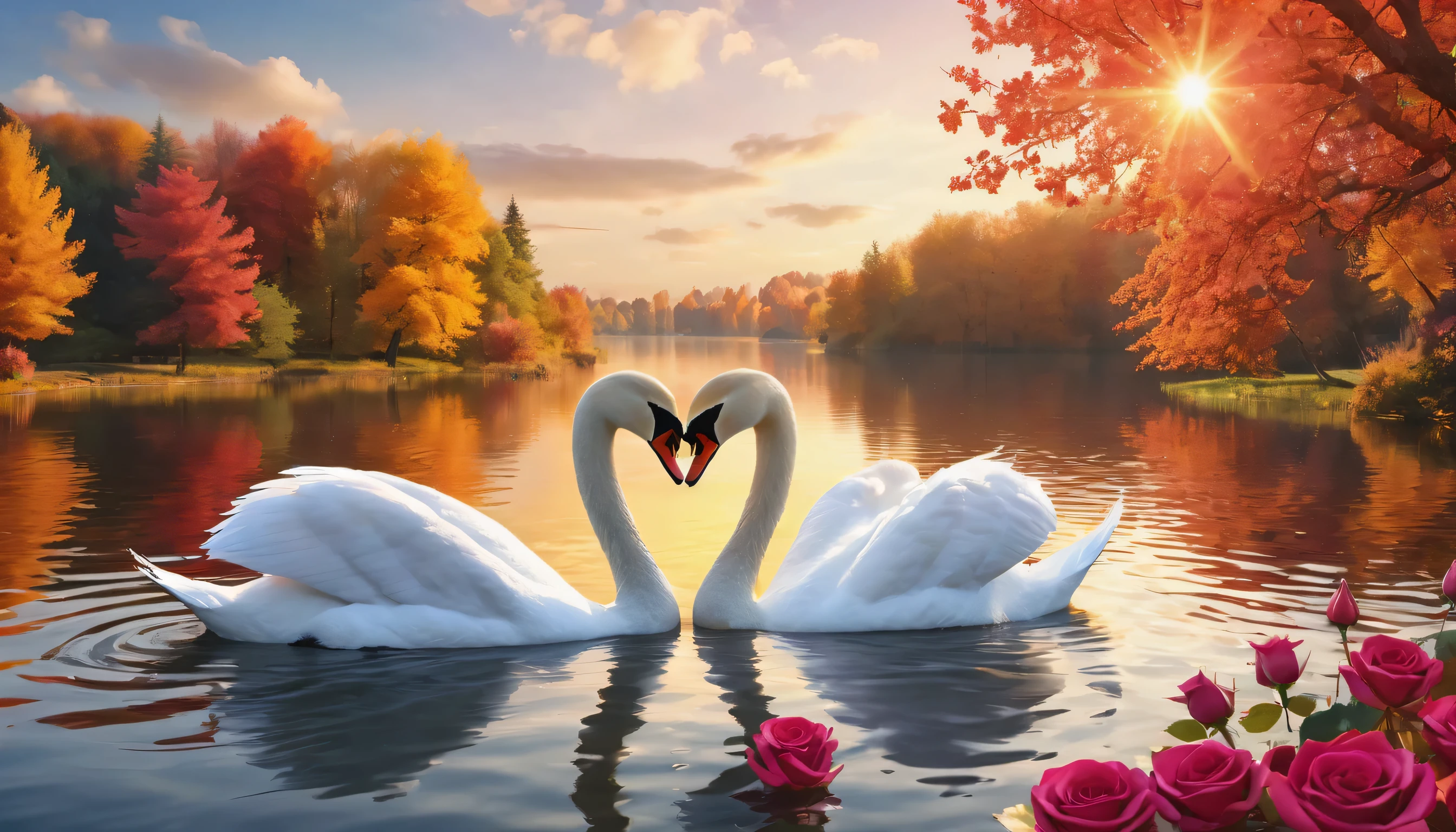 a couple of swans making a heart shape in autumn lake,beautiful swan,stylized swan,romantic scene,heart shape,morning daylight,autumn lake,(best quality,4k,8k,highres,masterpiece:1.2),spring scenery,blossoming rose flowers,vibrant colors,serene atmosphere)
